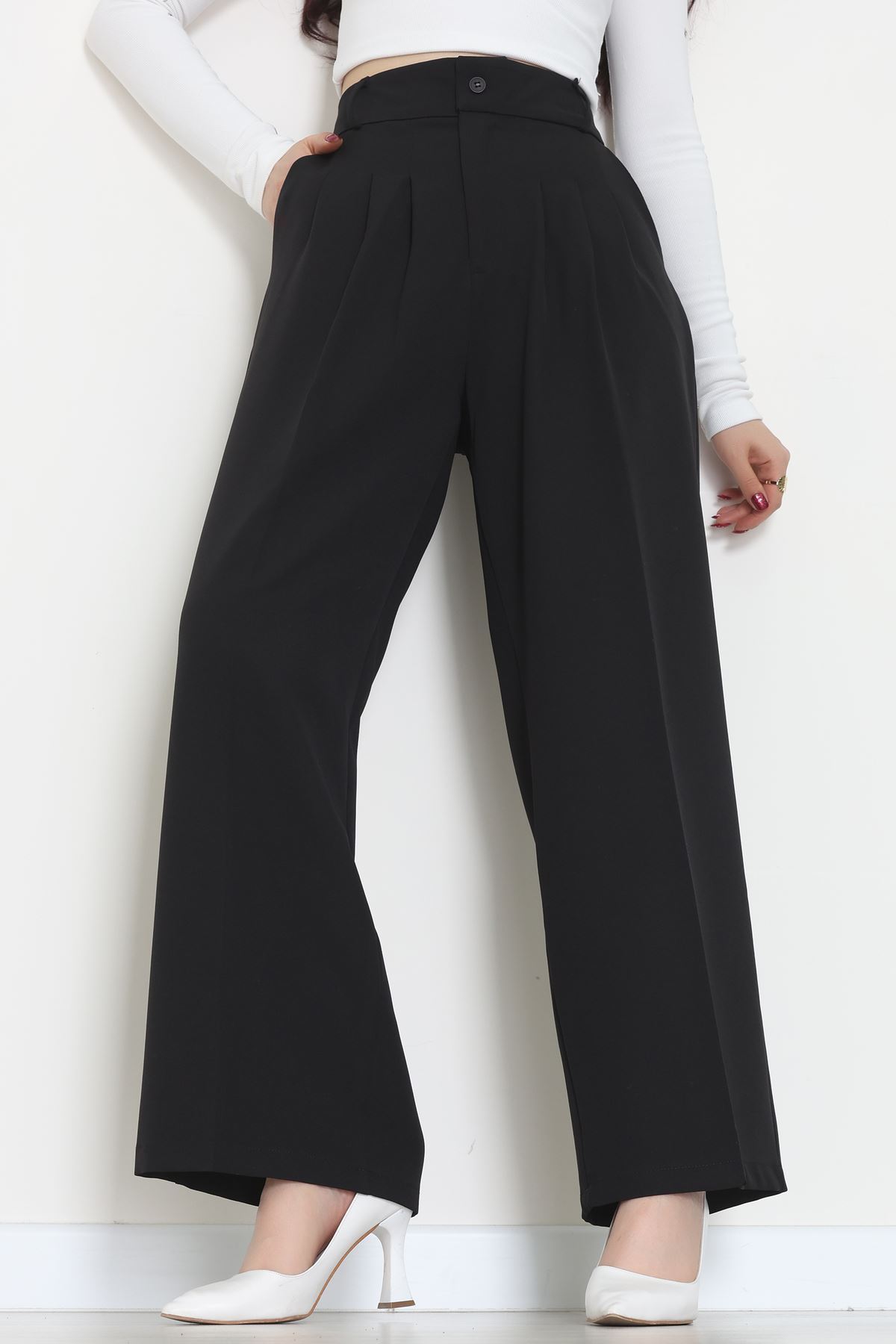 Premium Pileli Palazzo Pantolon Siyah - 51609.683.