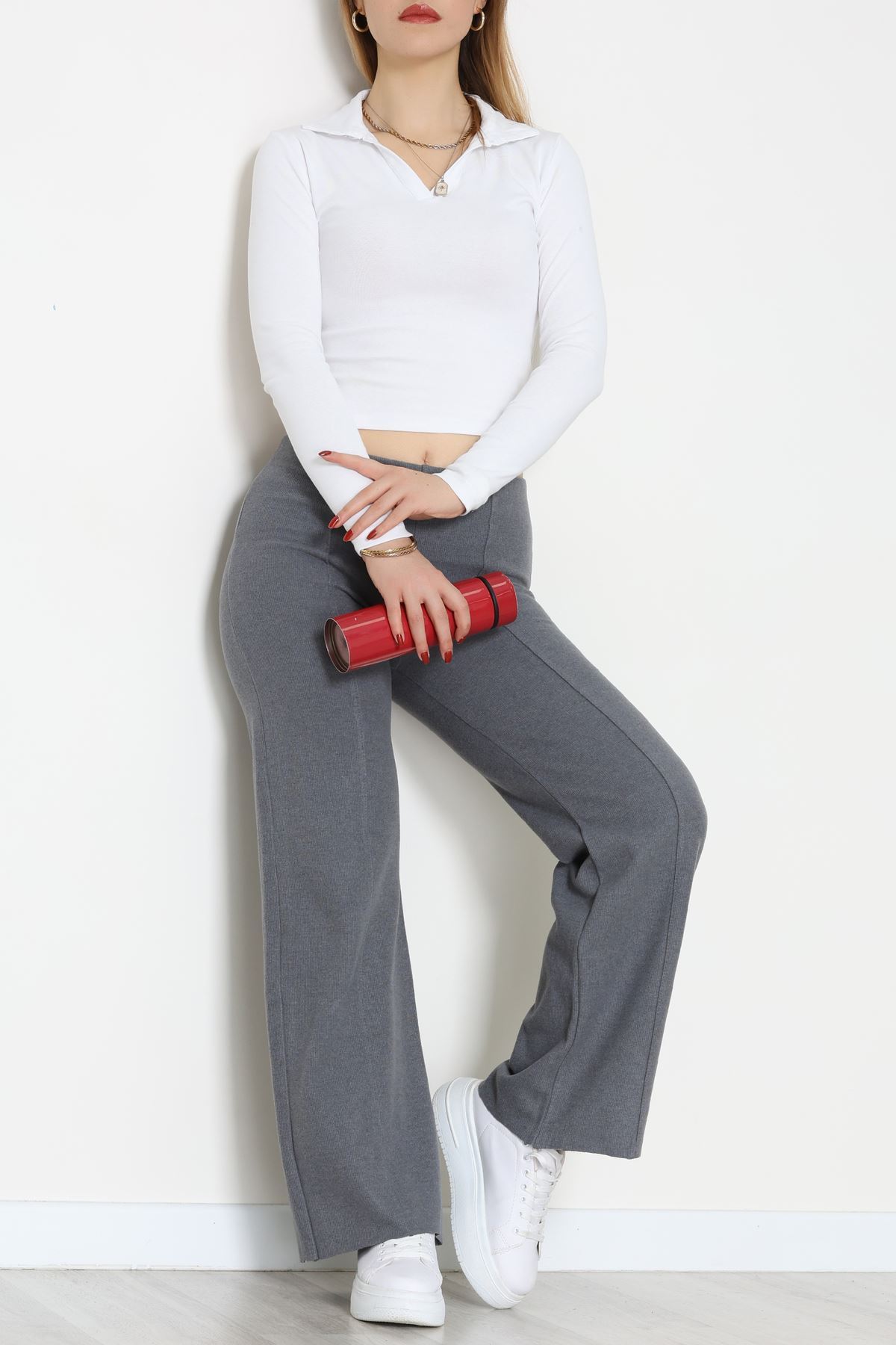 Selanik Kumaş Bel Lastikli Çımalı Pantolon Antrasit - 51226.1567.