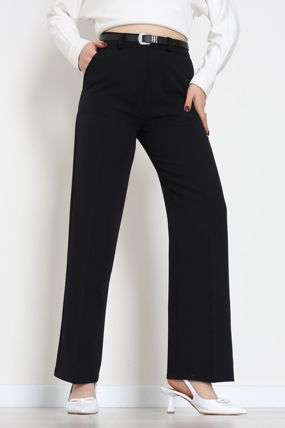 Dabıl Kumaş Kemerli Palazzo Pantolon Siyah - 51113.1920.
