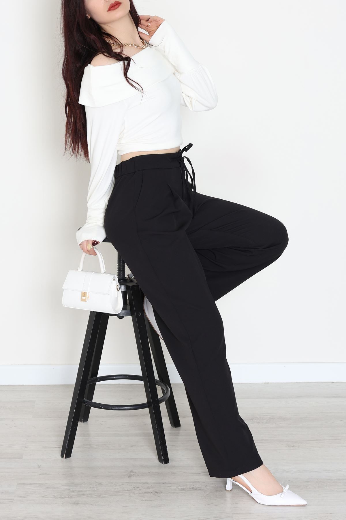 Dabıl Kumaş Beli Bağcıklı Pantolon Siyah - 51615.683.