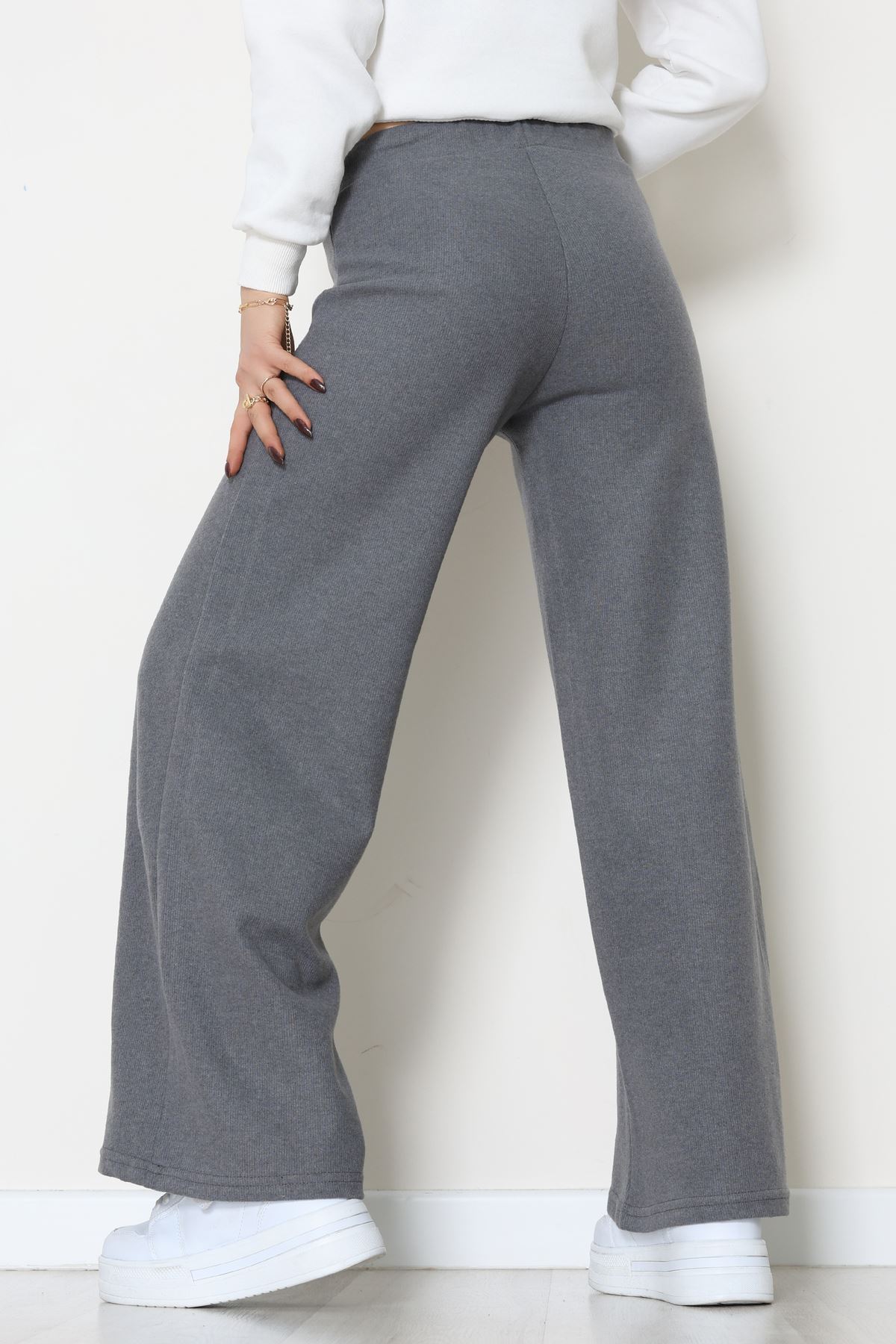 Selanik Kumaş Bel Lastikli Palazzo Pantolon Antrasit - 51228.1567.