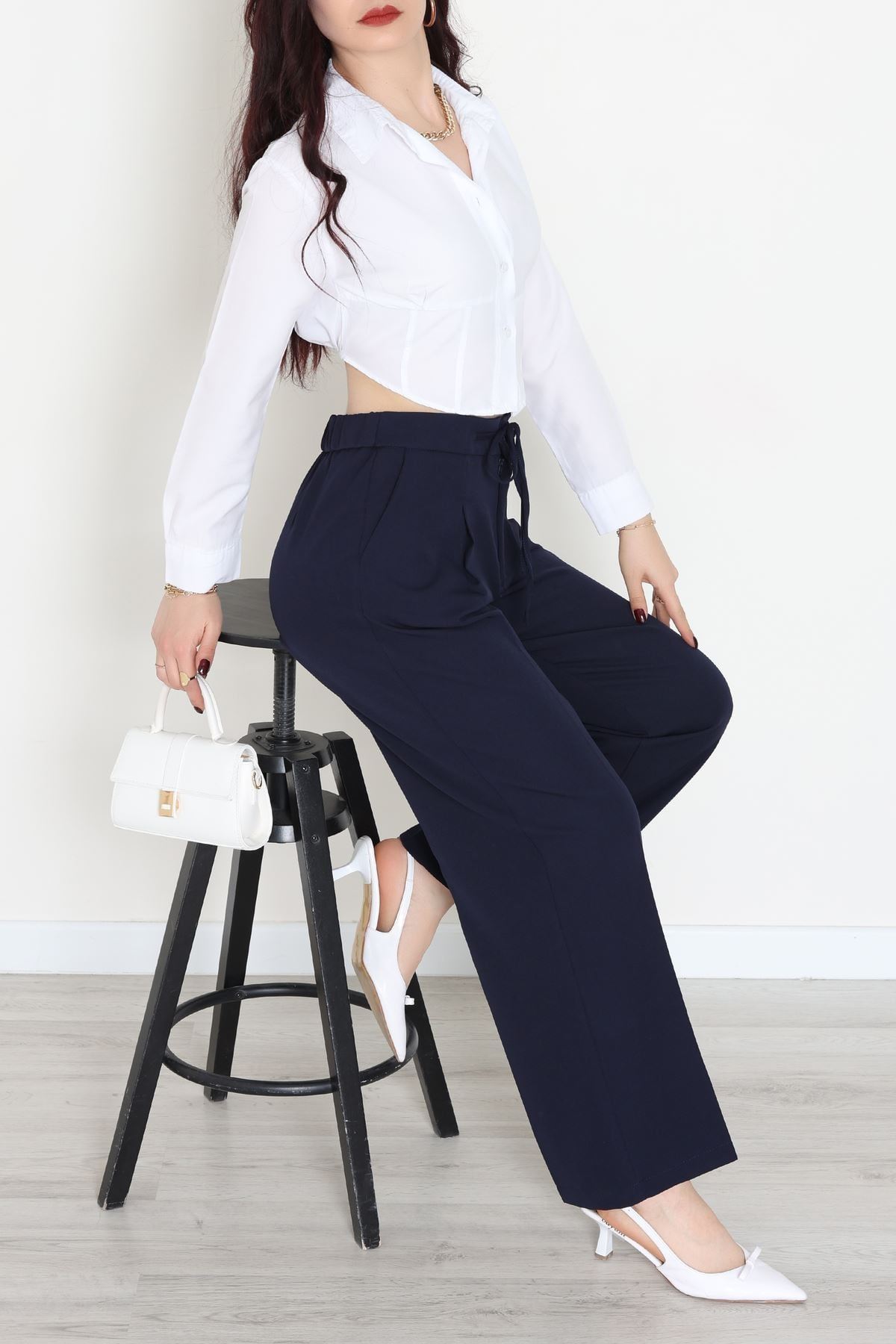 Dabıl Kumaş Beli Bağcıklı Pantolon Lacivert - 51615.683.