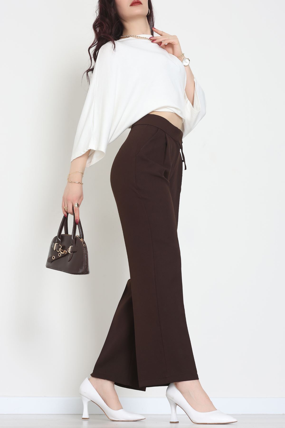 Double Kumaş İp Bağlamalı Palazzo Pantolon Kahve - 51268.683.