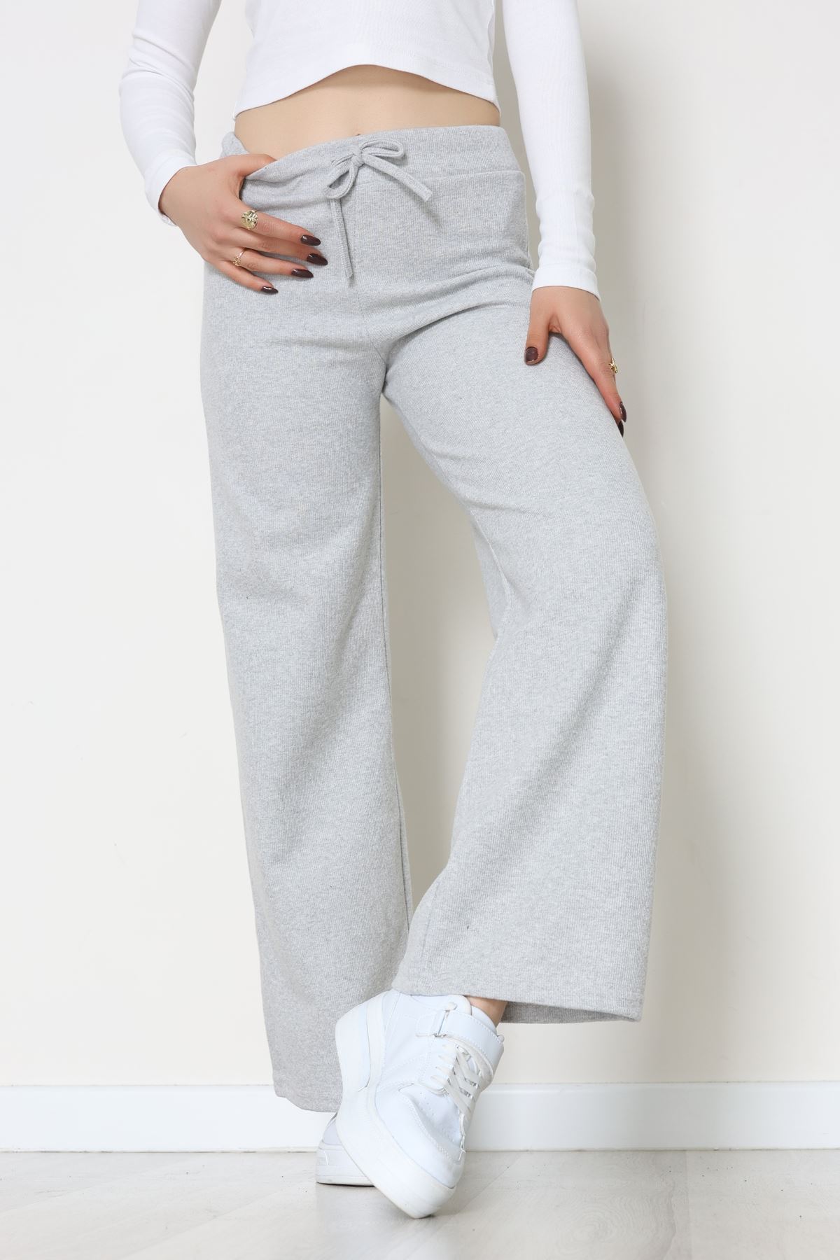 Selanik Kumaş Bel Lastikli Palazzo Pantolon Gri - 51228.1567.