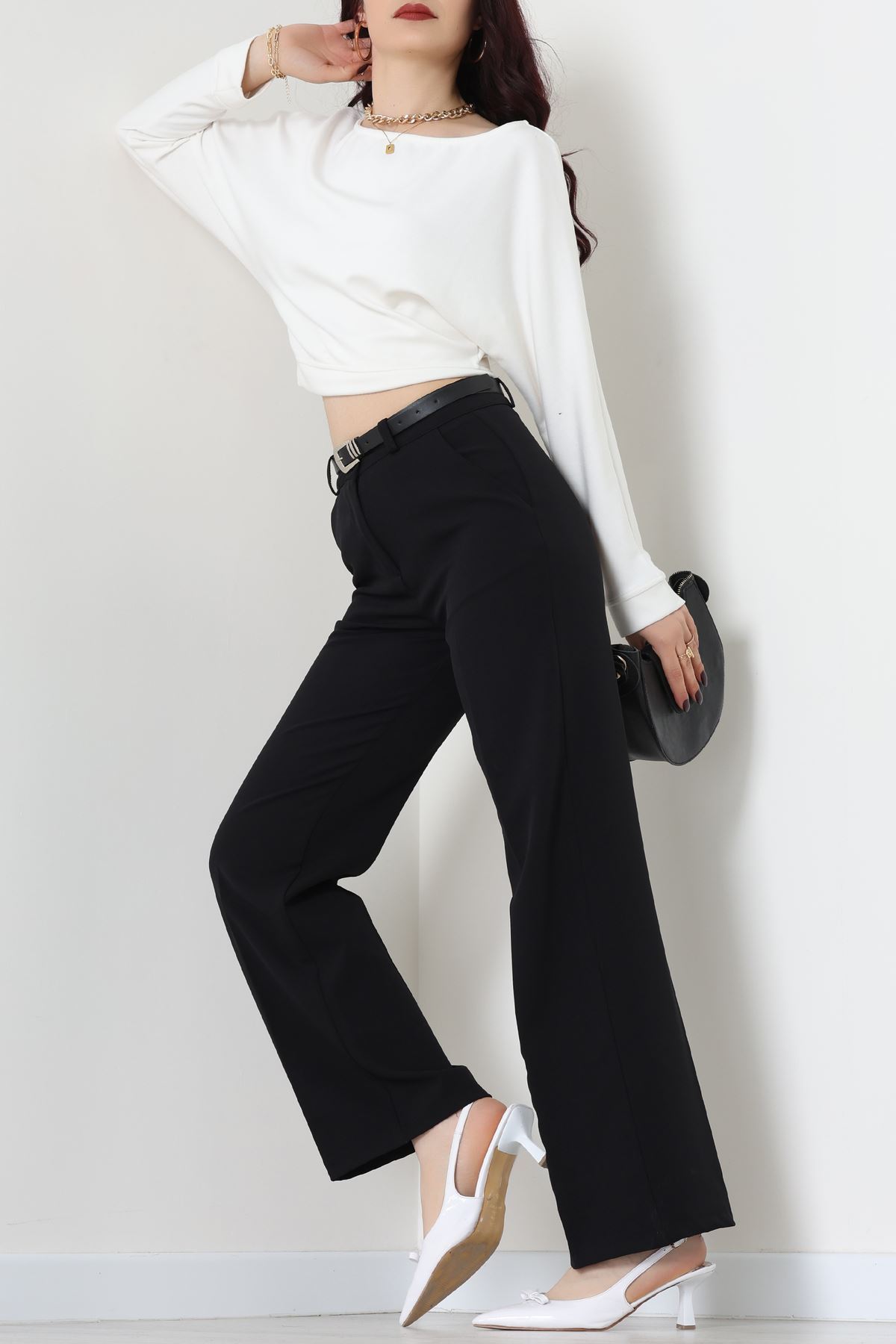 Dabıl Kumaş Kemerli Palazzo Pantolon Siyah - 51113.1920.