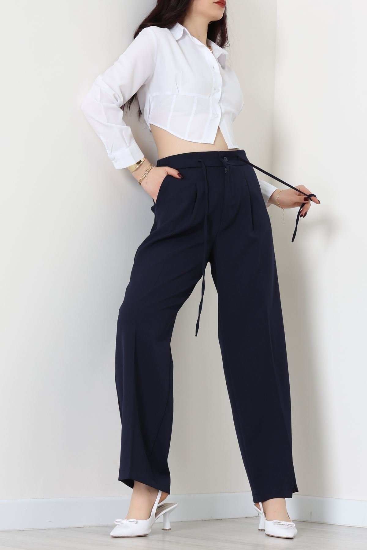 Dabıl Kumaş Beli Bağcıklı Pantolon Lacivert - 51615.683.