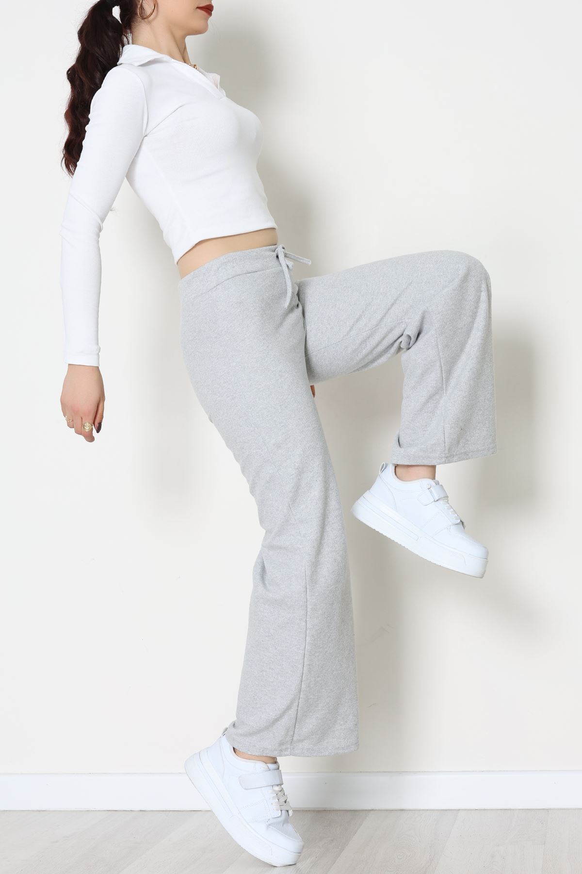 Selanik Kumaş Bel Lastikli Palazzo Pantolon Gri - 51228.1567.