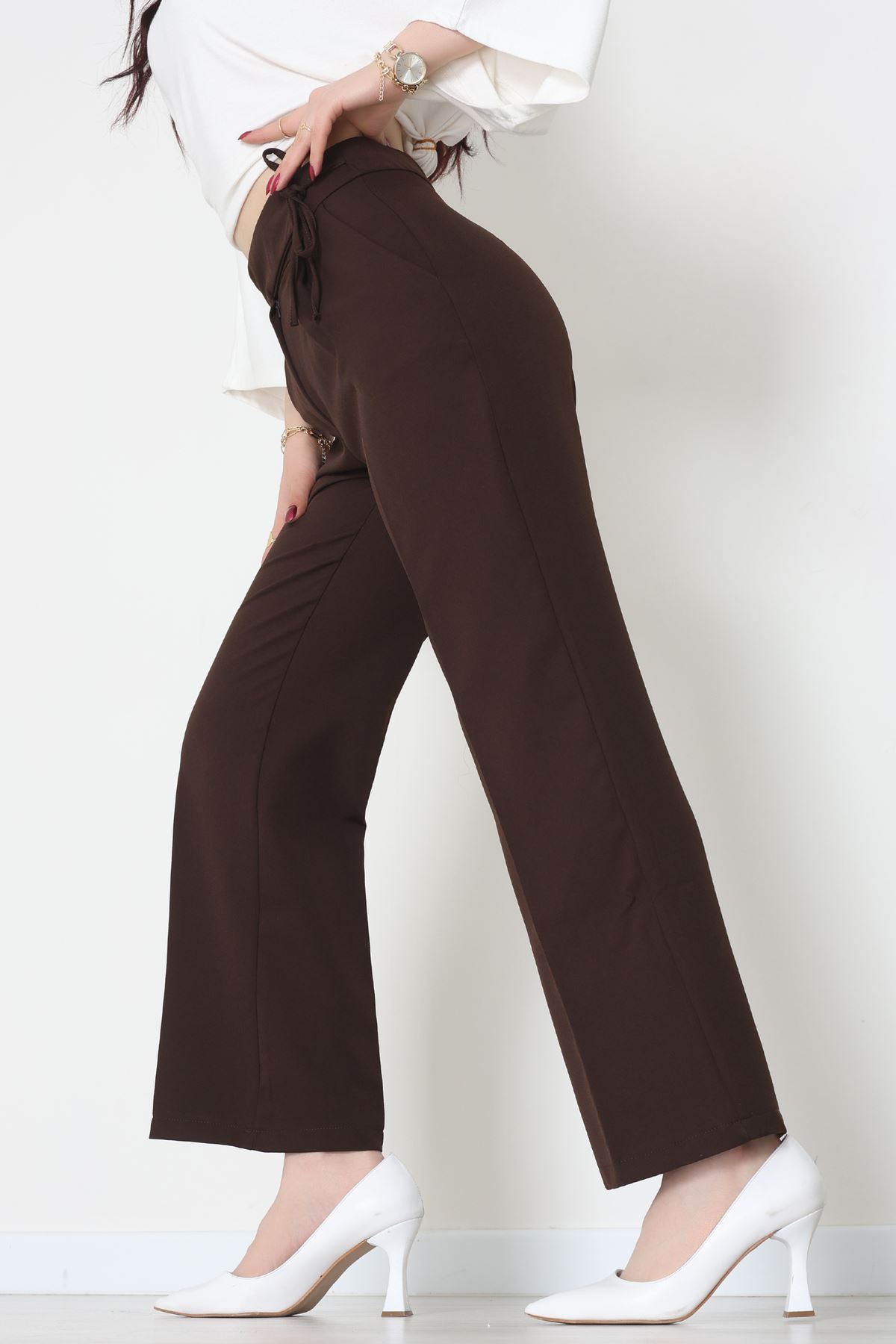 Double Kumaş İp Bağlamalı Palazzo Pantolon Kahve - 51268.683.
