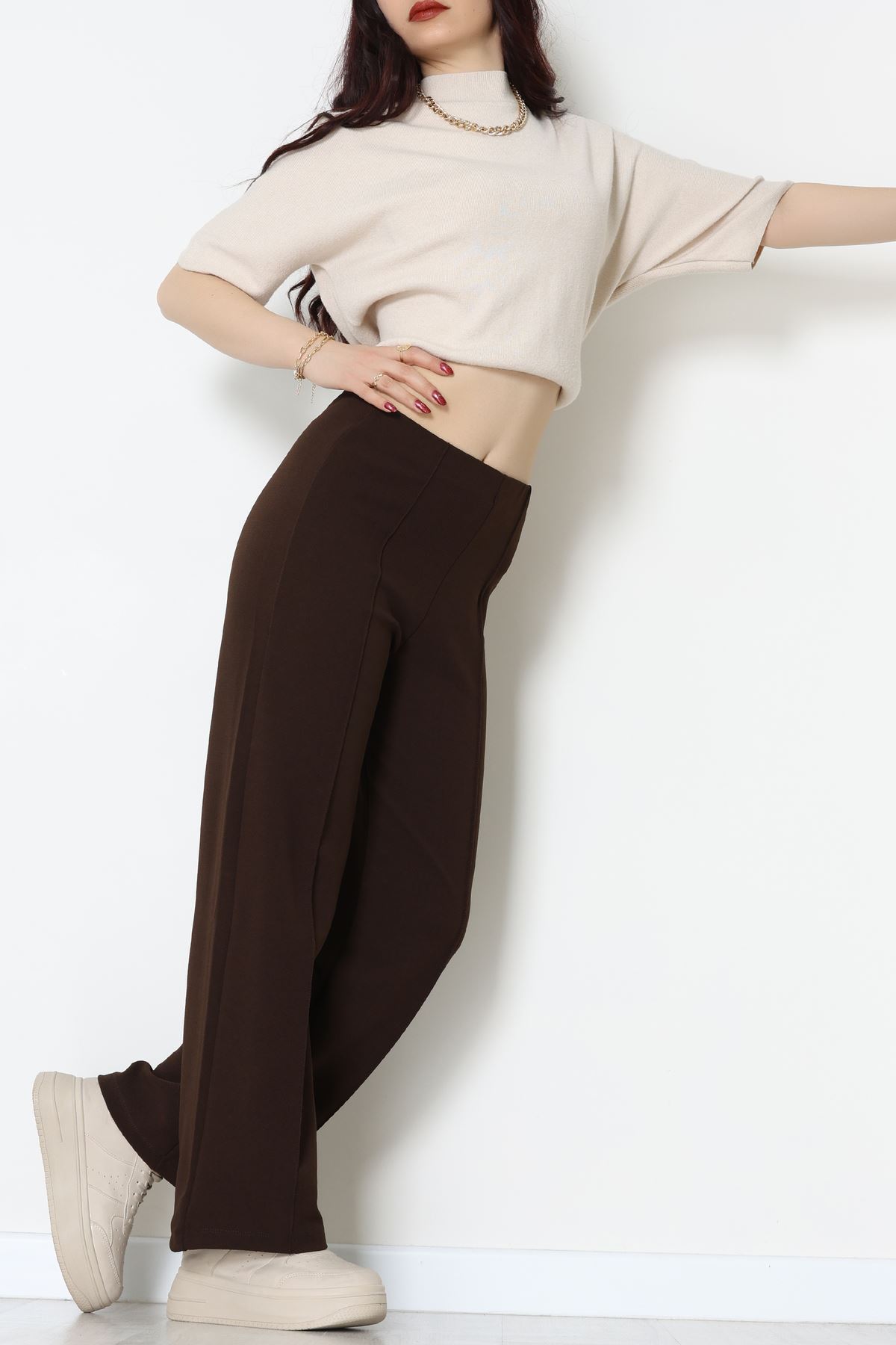 Zra Krep Lastikli Çımalı Pantolon Acıkahve - 51251.1837.