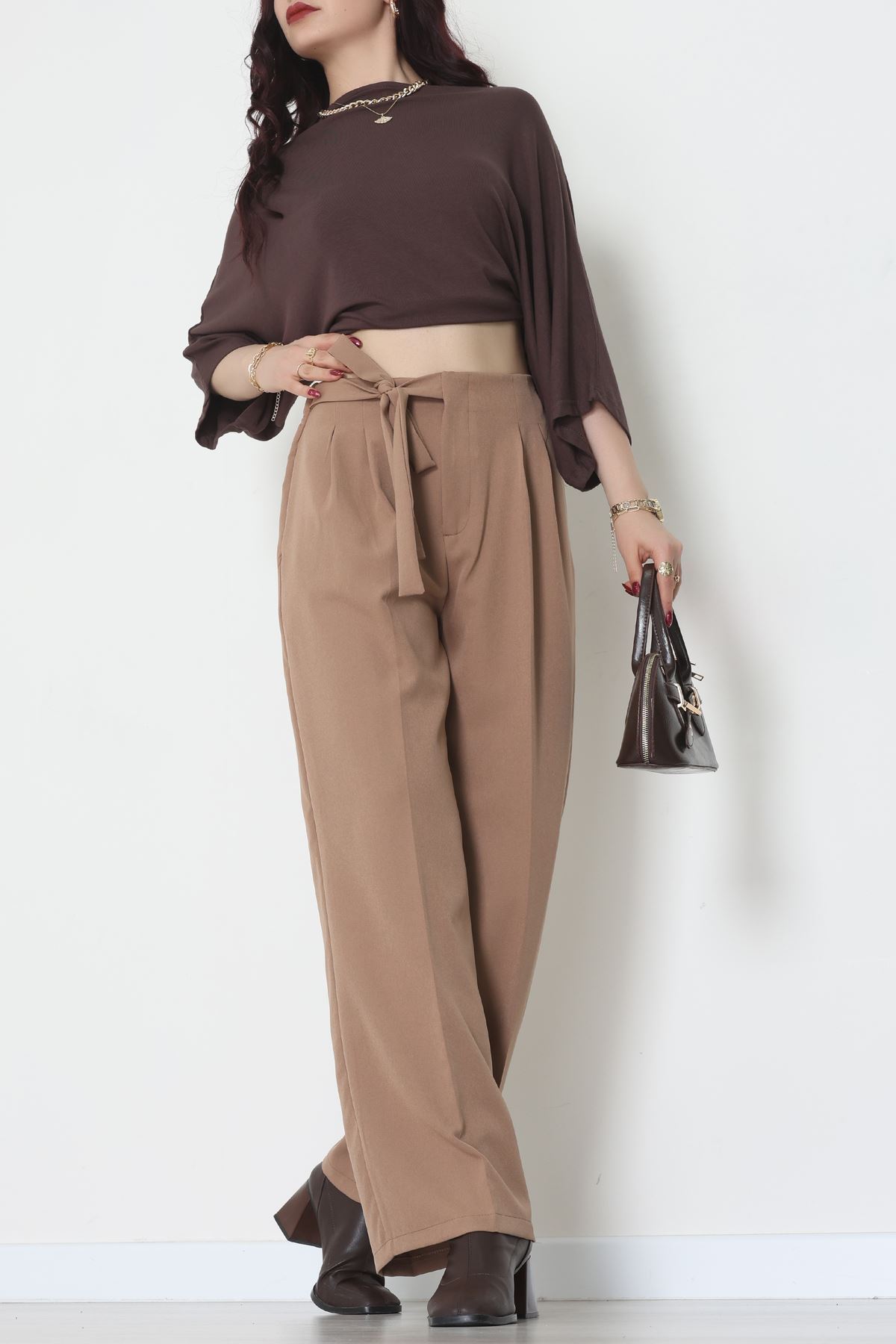 Yan Bağlama Detaylı Dabıl Kumaş Pantolon Latte - 51611.683.
