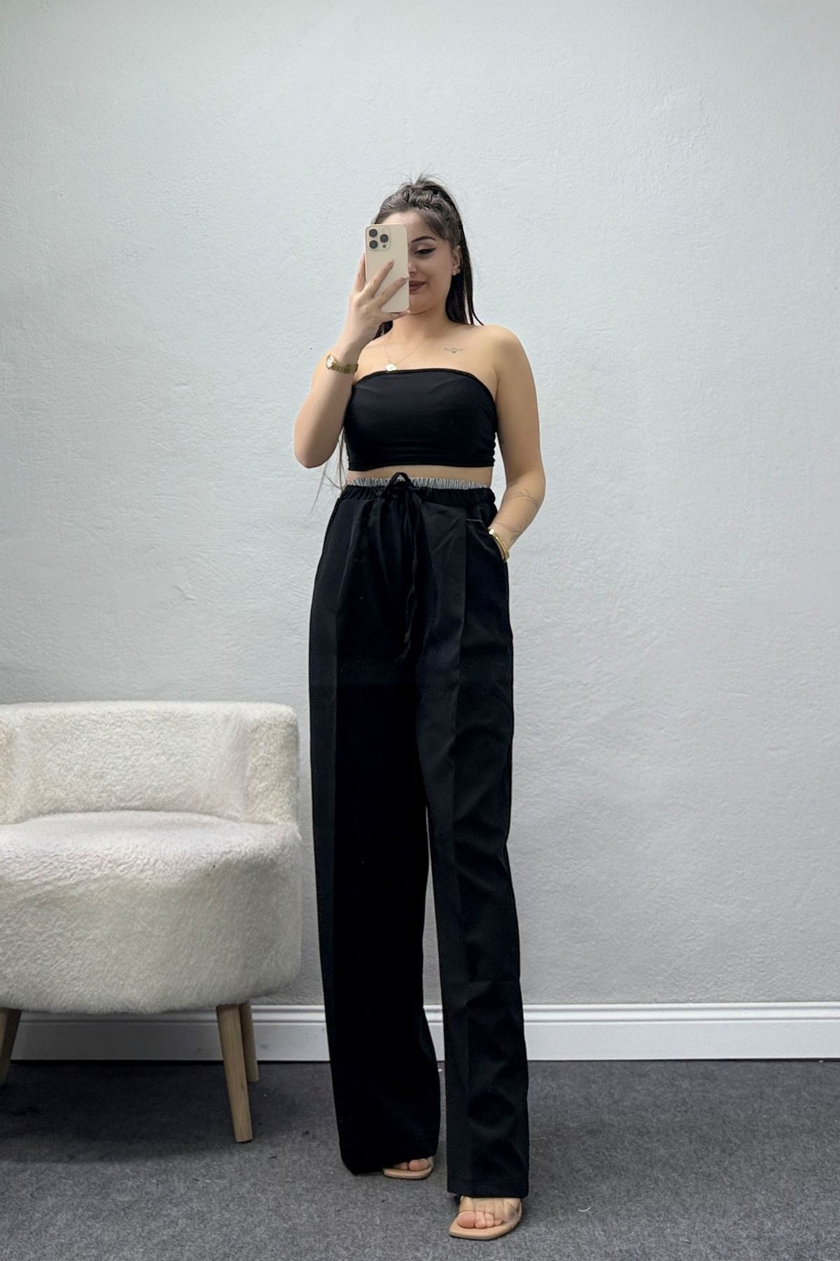 Dabıl Kumaş Beli Lastikli Pantolon Siyah - 51617.683.