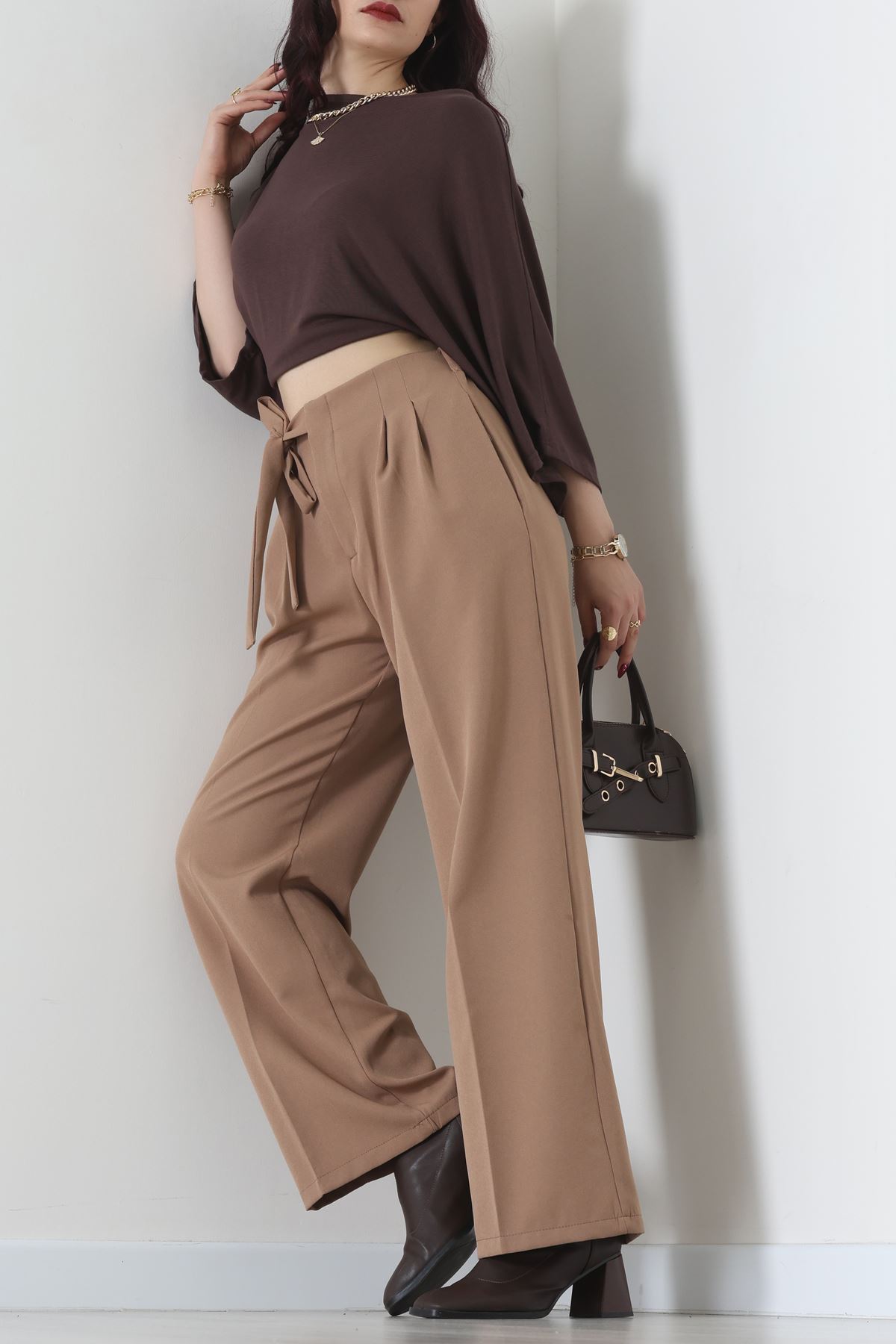 Yan Bağlama Detaylı Dabıl Kumaş Pantolon Latte - 51611.683.
