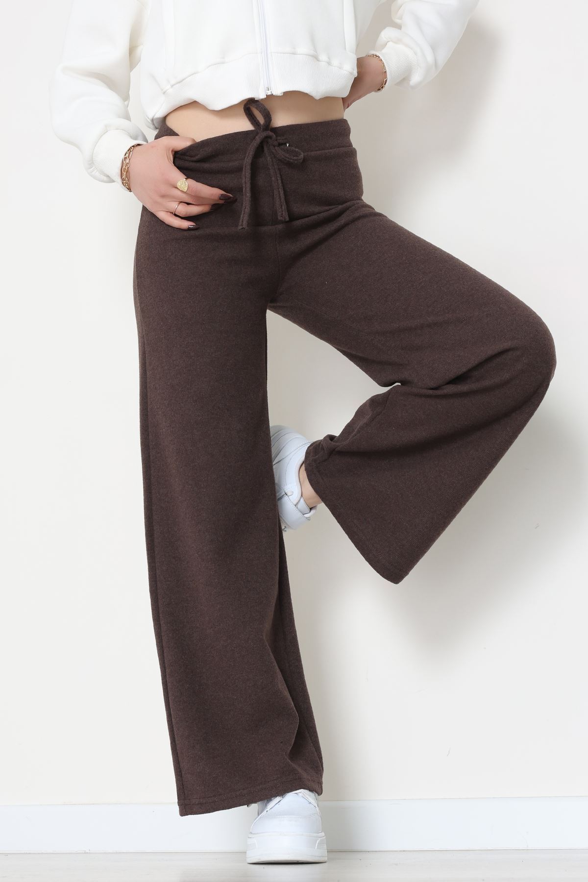 Selanik Kumaş Bel Lastikli Palazzo Pantolon Kahve - 51228.1567.