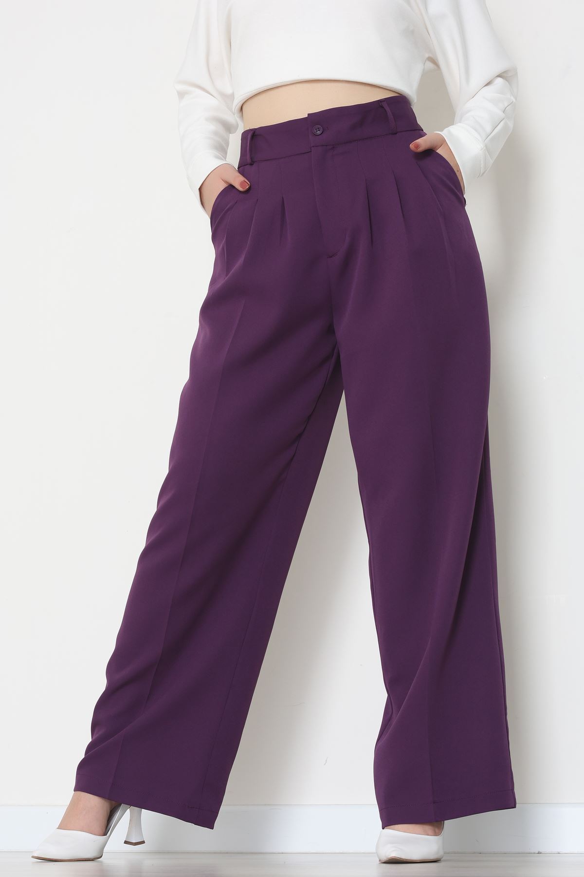 Premium Pileli Palazzo Pantolon Mor - 51609.683.