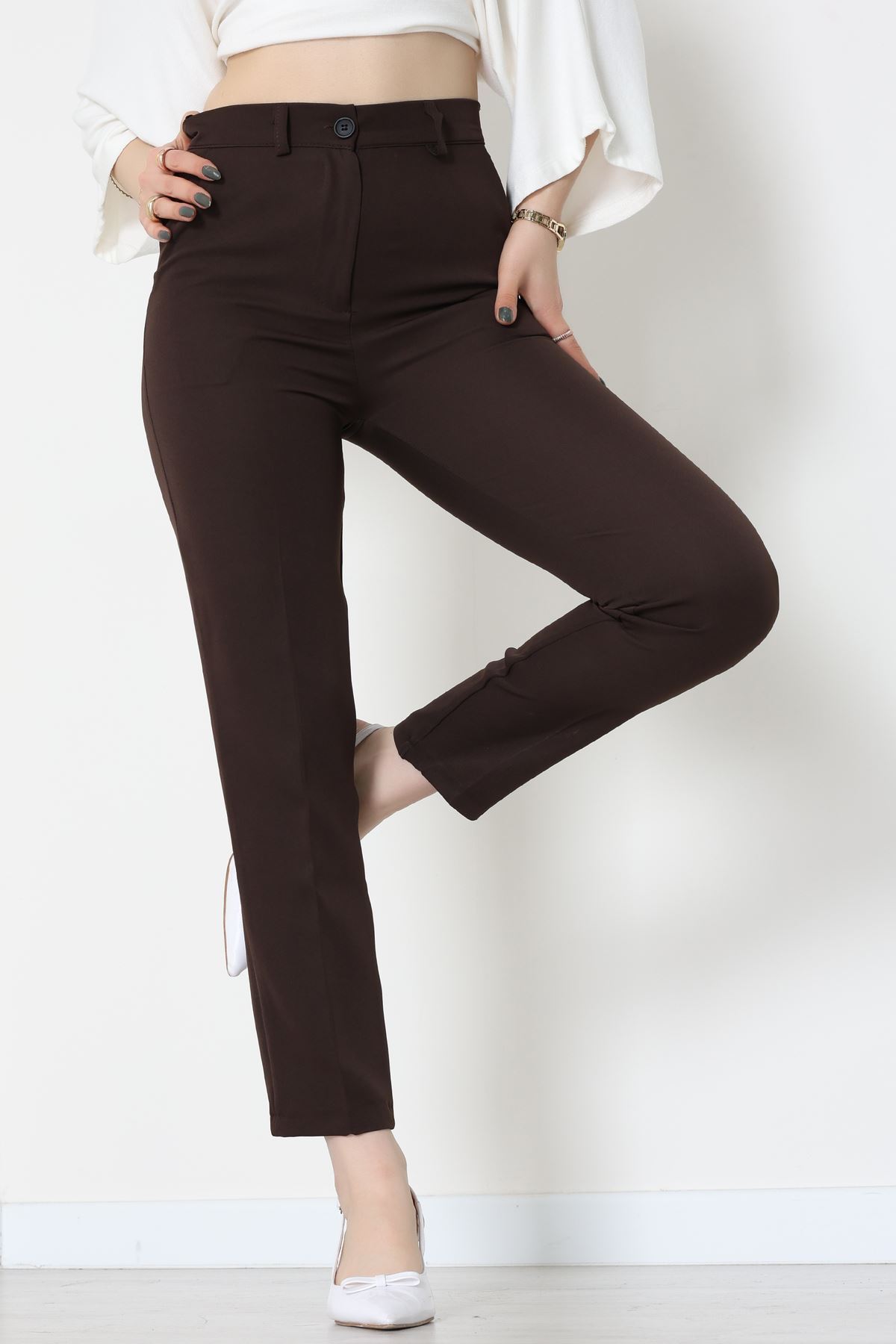 Double Kumaş Bel Lastikli Pantolon Kahverengi - 51112.1920.