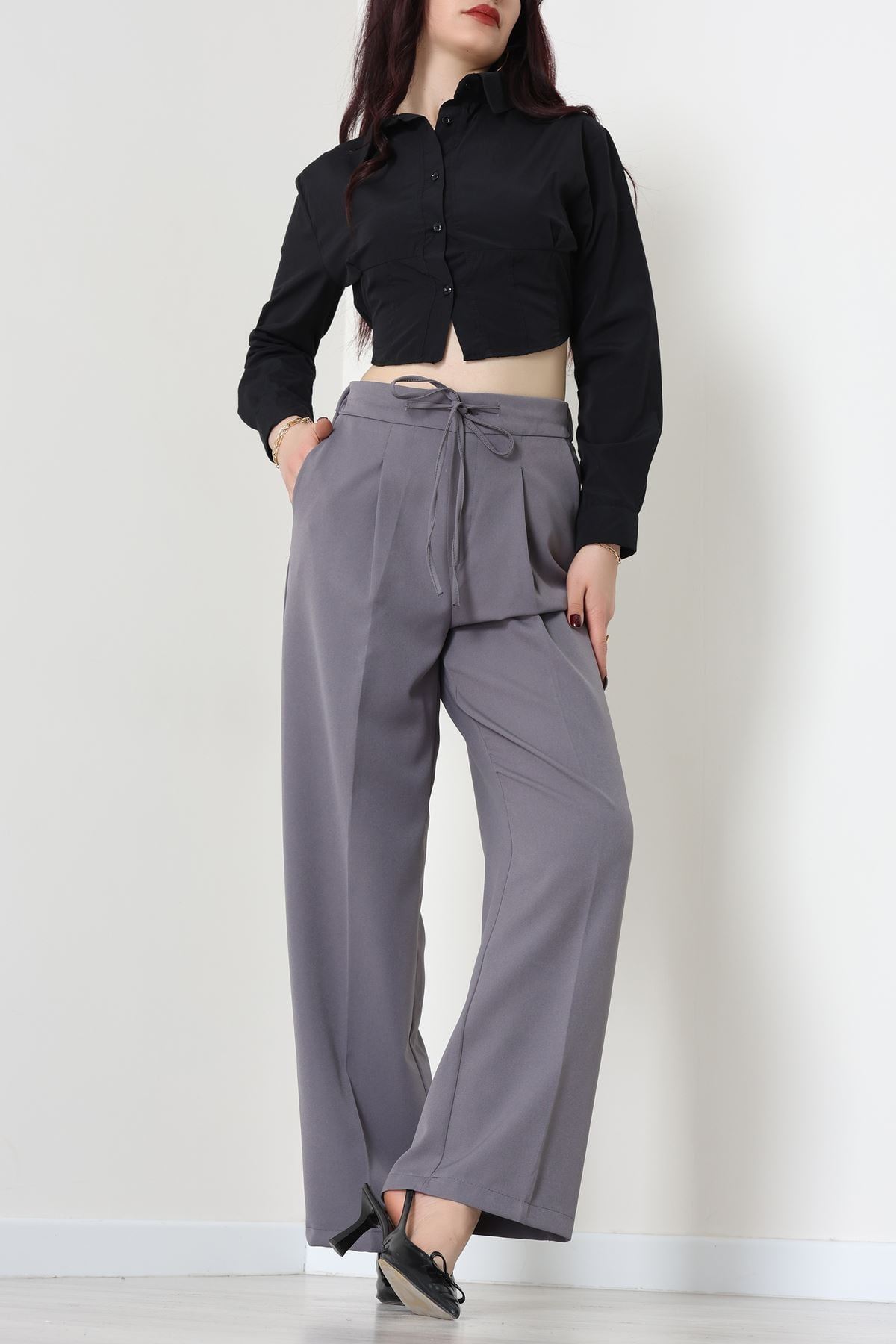 Dabıl Kumaş Beli Bağcıklı Pantolon Antrasit - 51615.683.