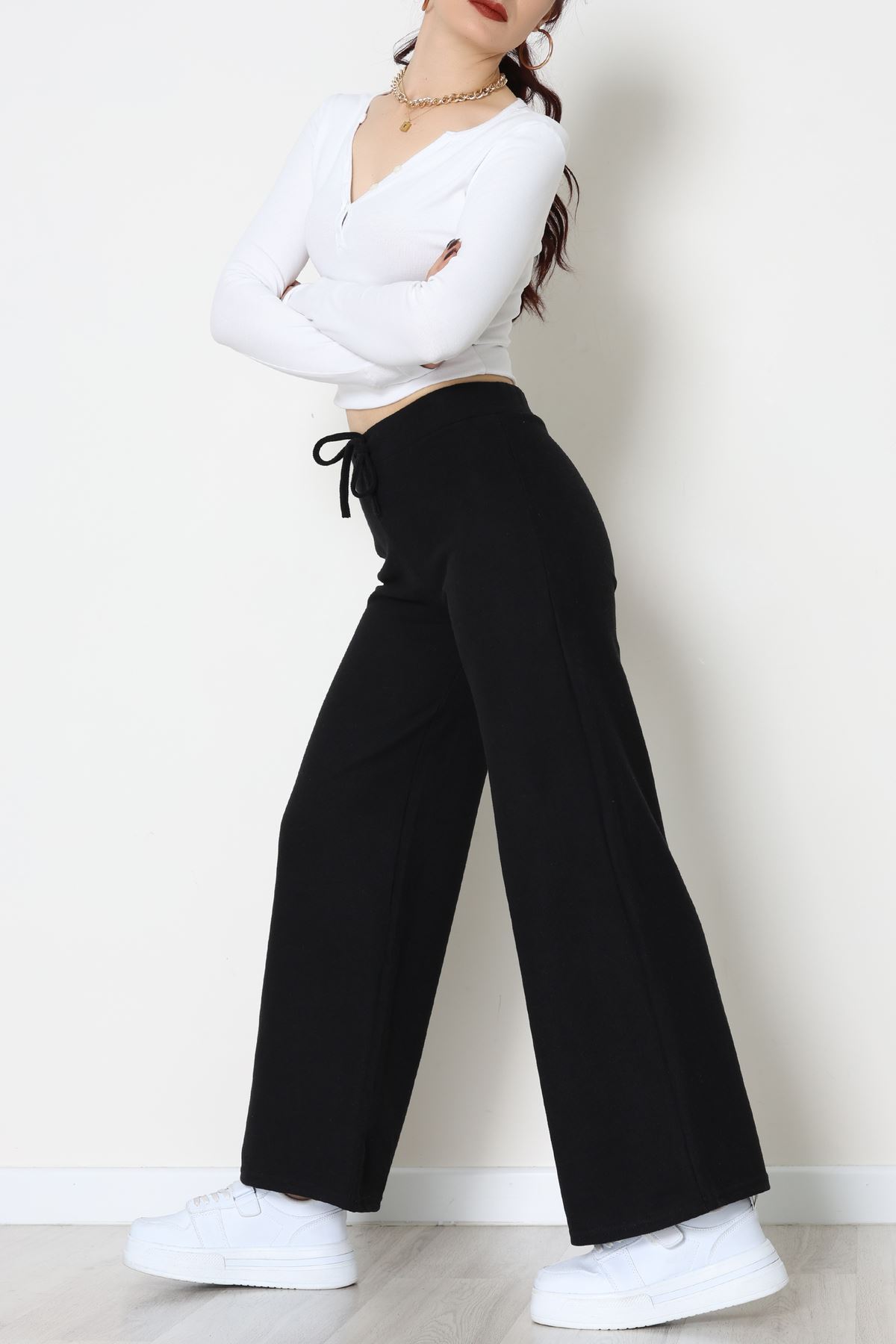 Selanik Kumaş Bel Lastikli Palazzo Pantolon Siyah - 51228.1567.