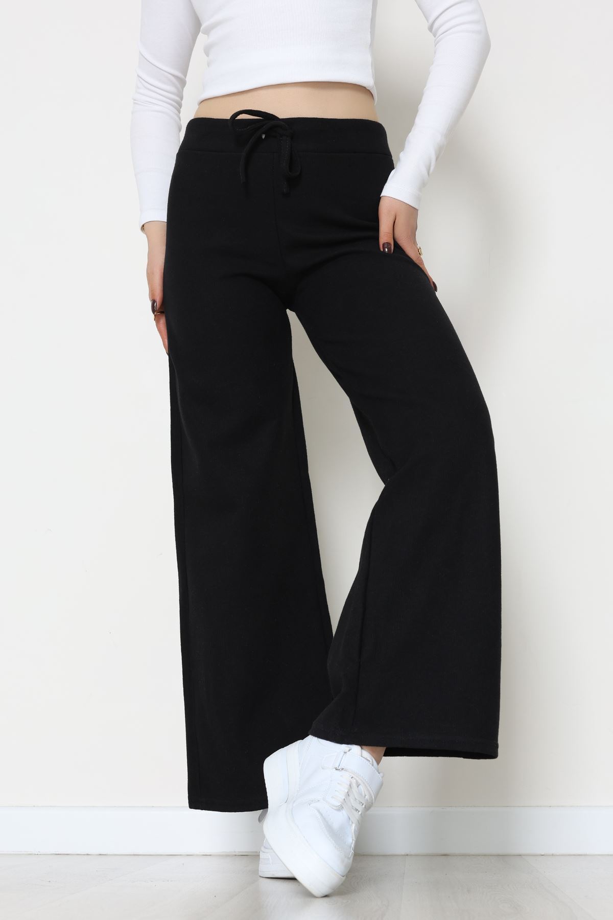 Selanik Kumaş Bel Lastikli Palazzo Pantolon Siyah - 51228.1567.