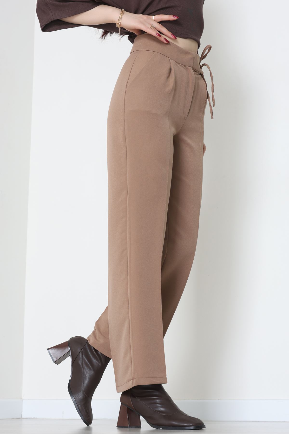 Double Kumaş İp Bağlamalı Palazzo Pantolon Sütlükahve - 51268.683.