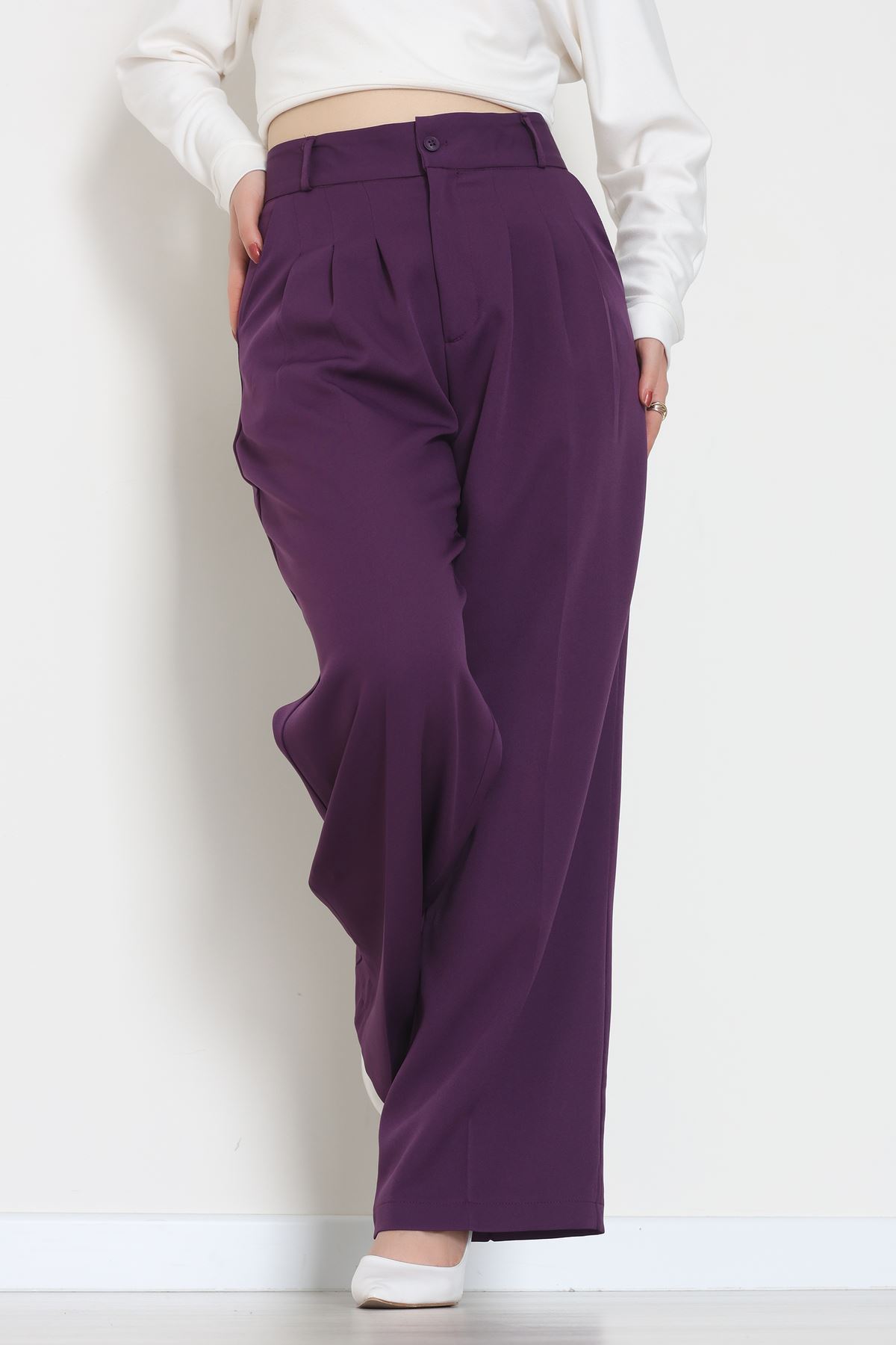 Premium Pileli Palazzo Pantolon Mor - 51609.683.