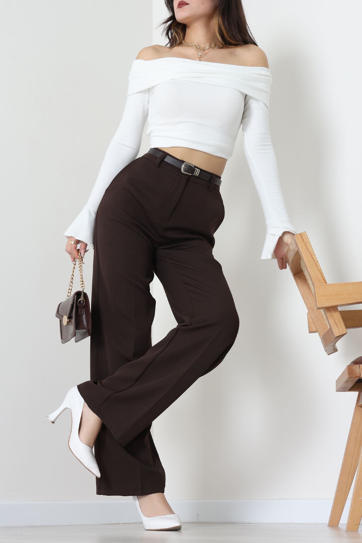 Dabıl Kumaş Kemerli Palazzo Pantolon Kahve - 51113.1920.