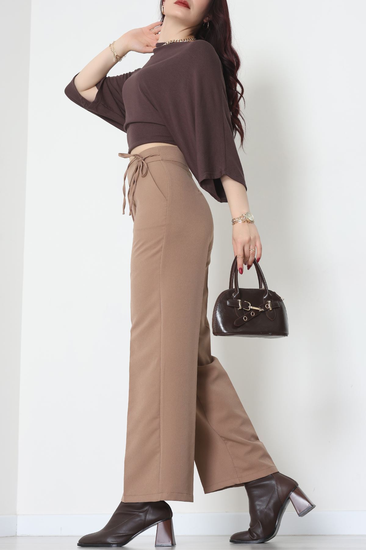 Double Kumaş İp Bağlamalı Palazzo Pantolon Sütlükahve - 51268.683.