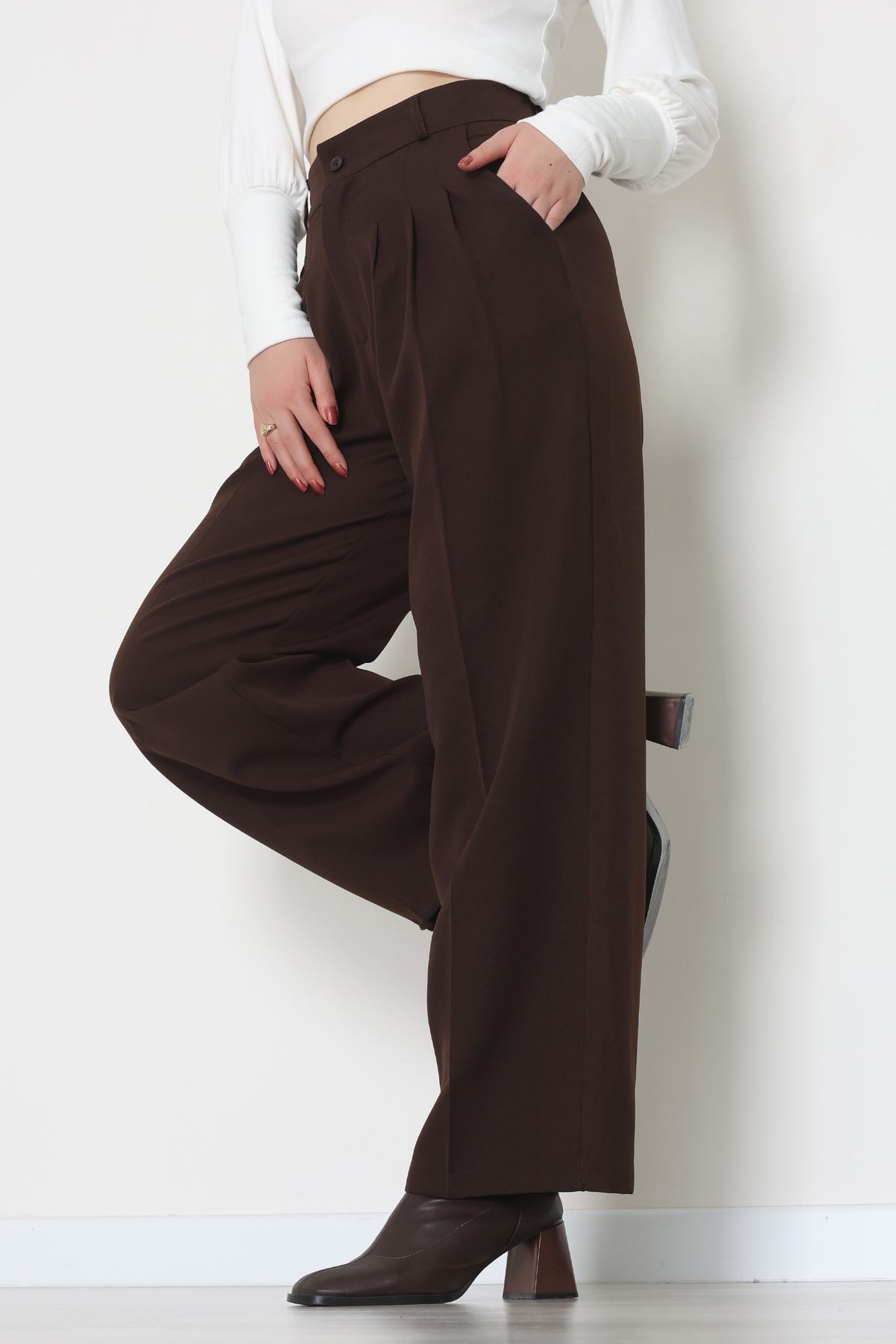 Premium Pileli Palazzo Pantolon Acıkahve - 51609.683.