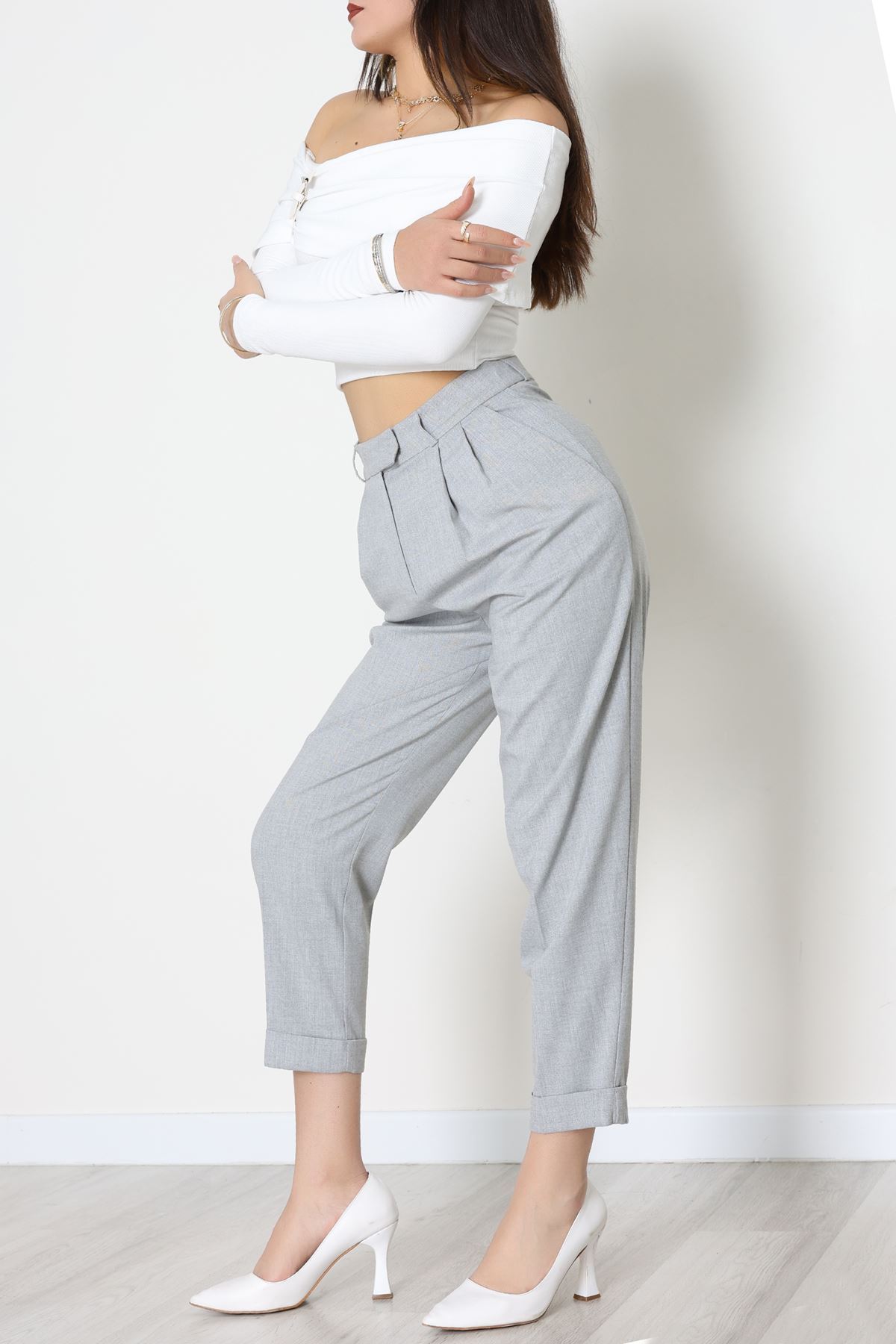 Pileli Baggy Poliviskon Pantolon Gri - 51089.1995.