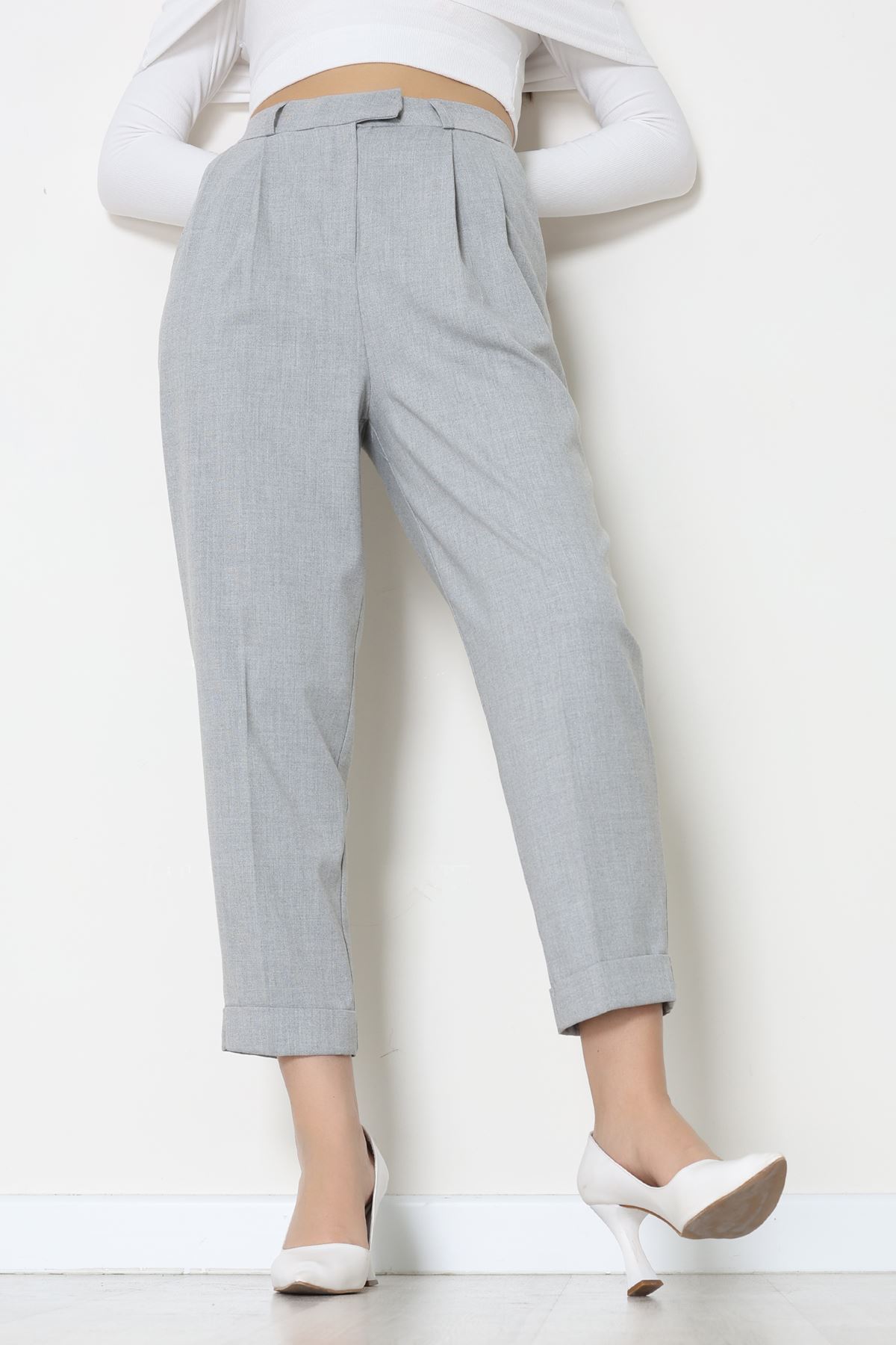 Pileli Baggy Poliviskon Pantolon Gri - 51089.1995.