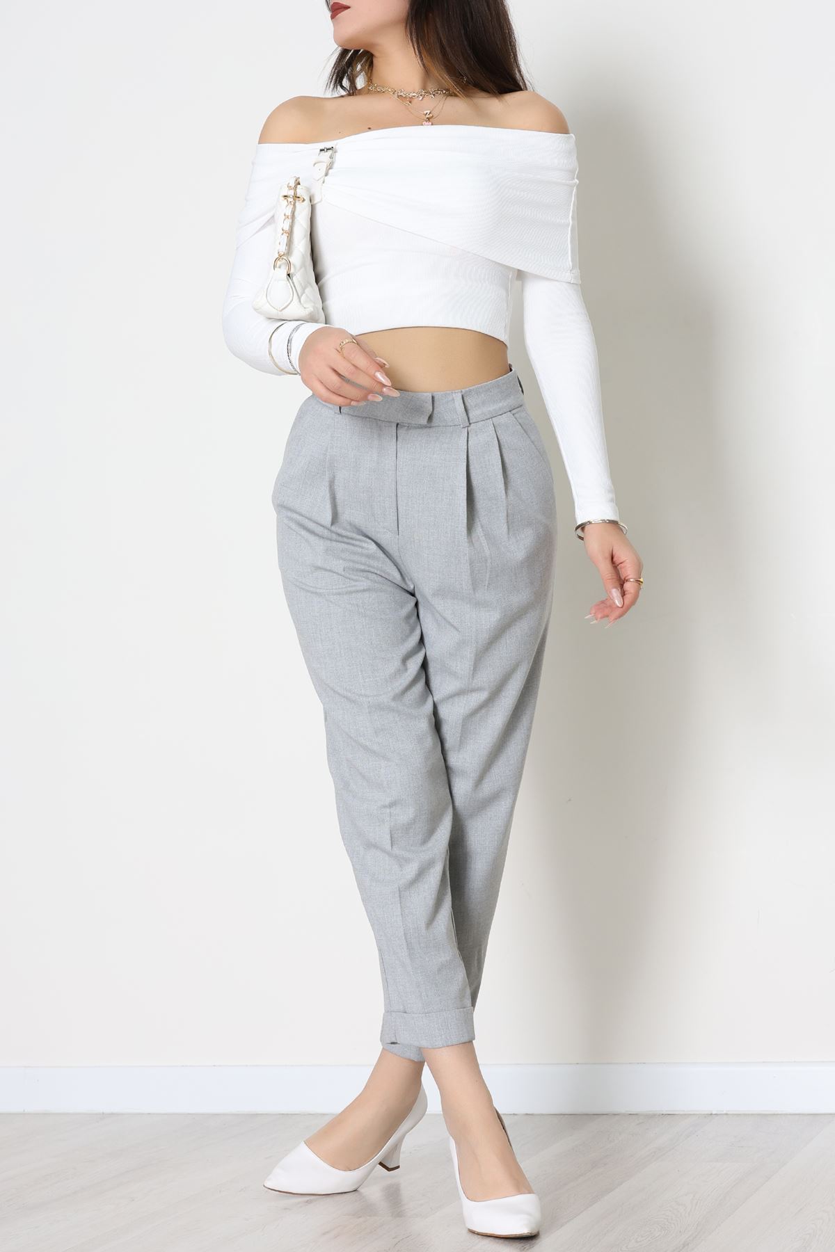 Pileli Baggy Poliviskon Pantolon Gri - 51089.1995.