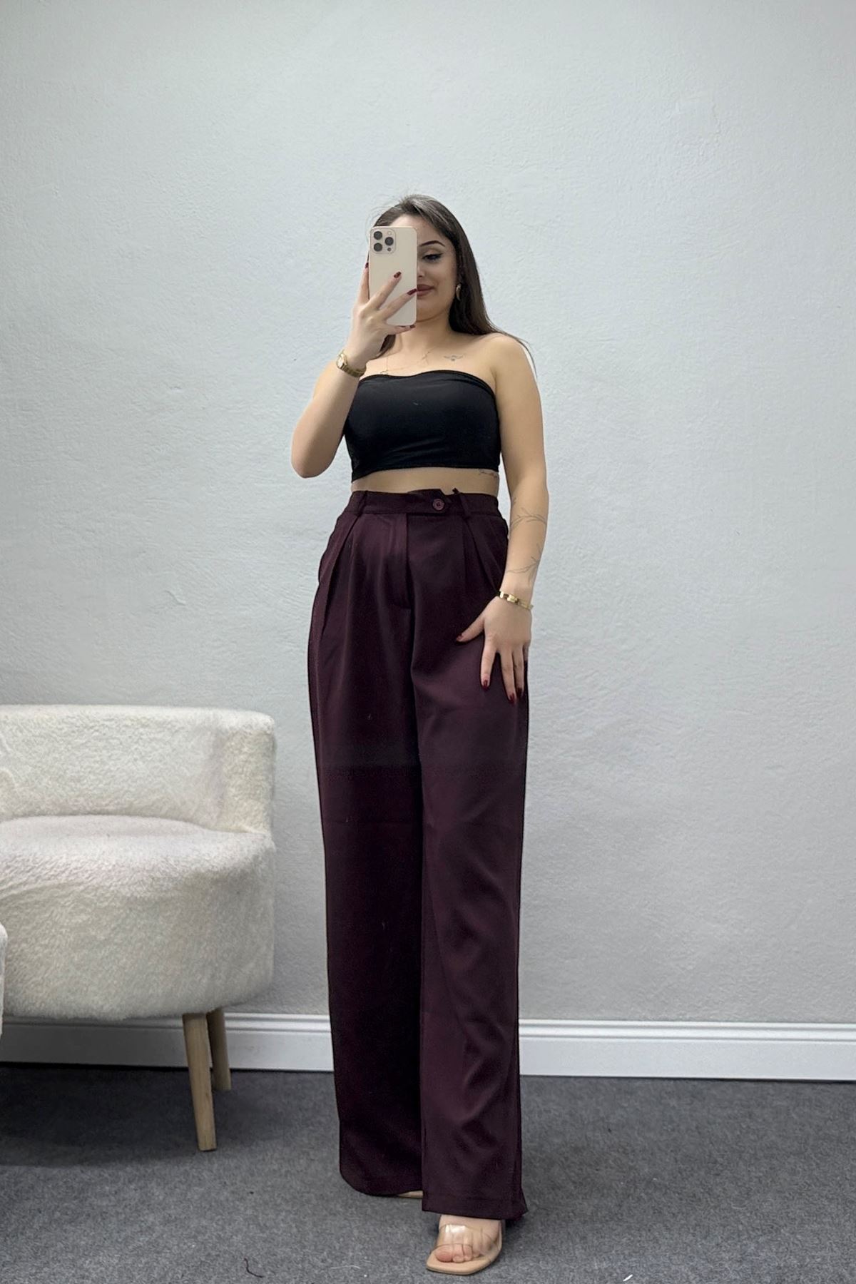 Dabıl Kumaş Önden Pileli Palazzo Pantolon Mürdüm - 2081.1991.