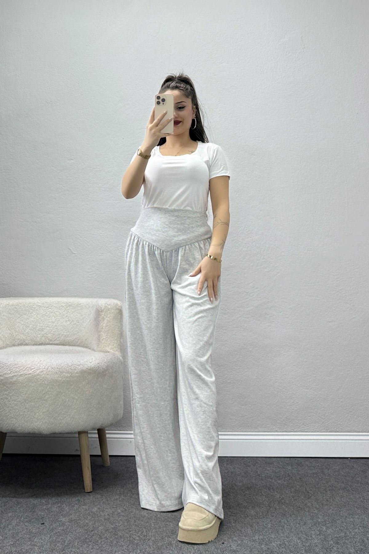 Buzzy Kumaş Korsajlı Palazzo Pantolon Gri - 51229.1567.