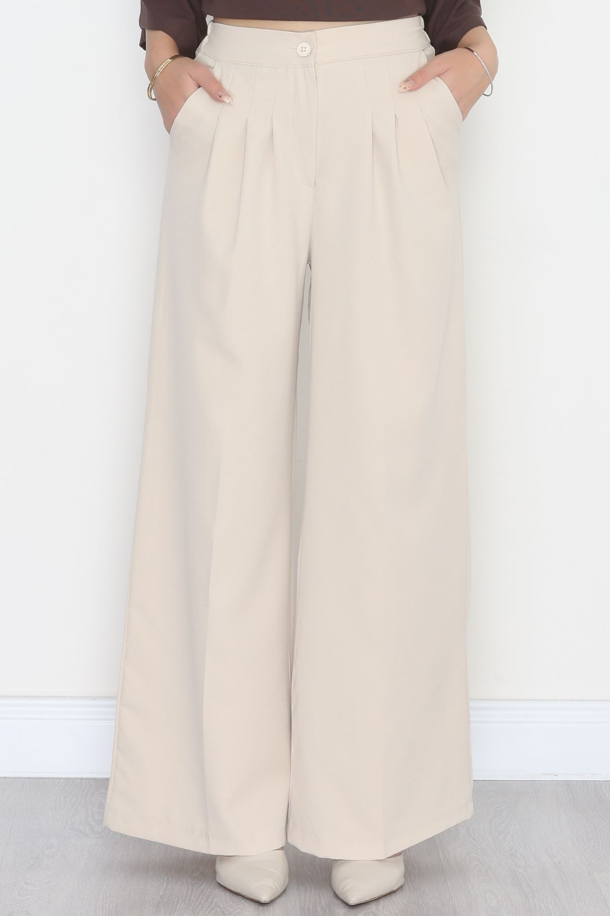 Dabıl Kumaş Beli Lastikli Palazzo Pantolon Bej - 51063.1991.