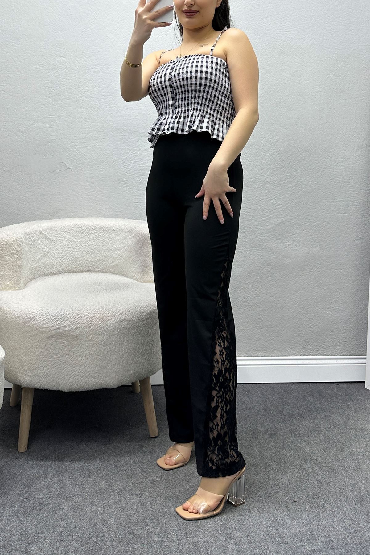 Dalgıç Kumaş Yanları Dantel Tayt Siyah - 60004.1905.