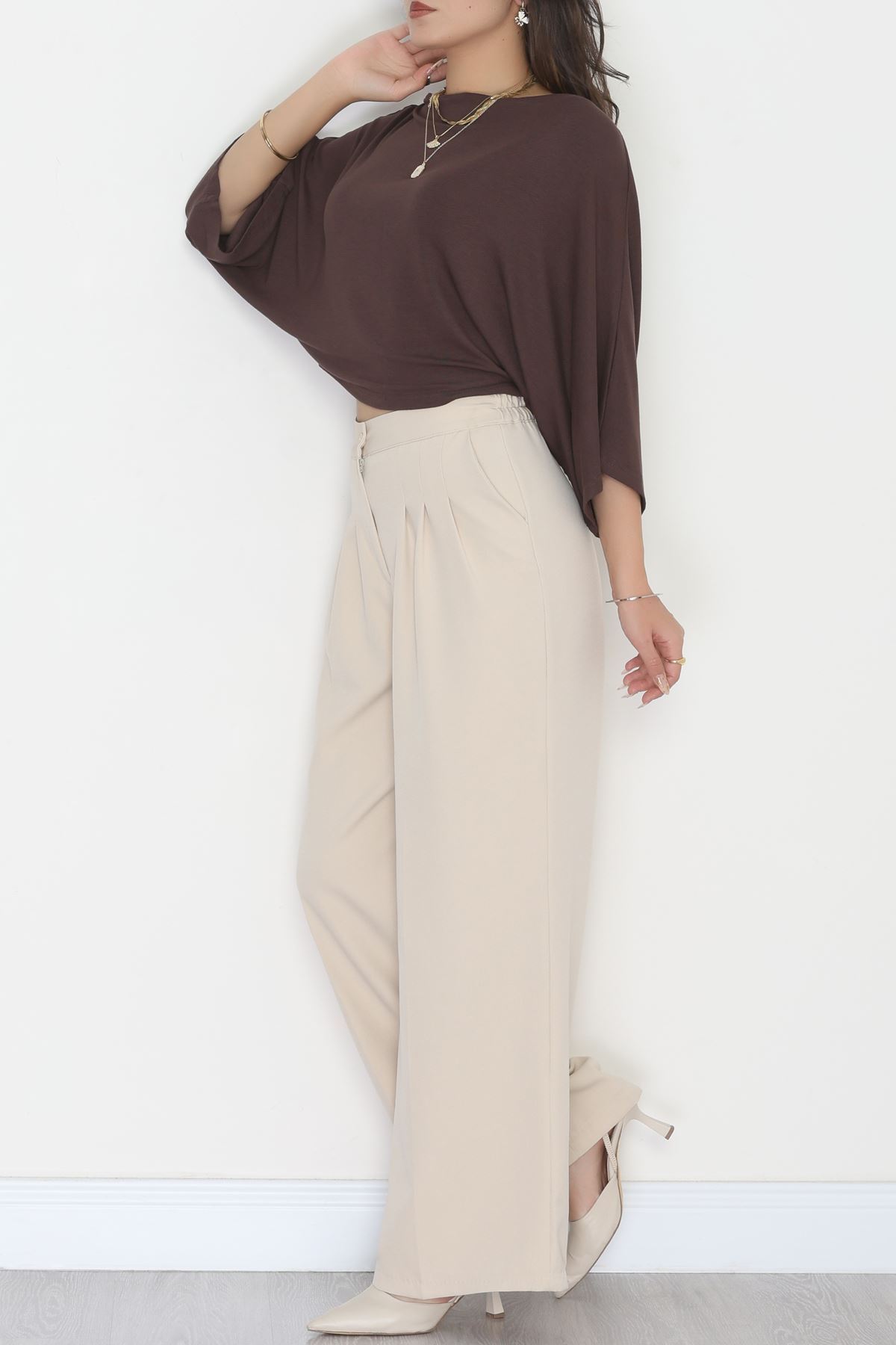 Dabıl Kumaş Beli Lastikli Palazzo Pantolon Bej - 51063.1991.