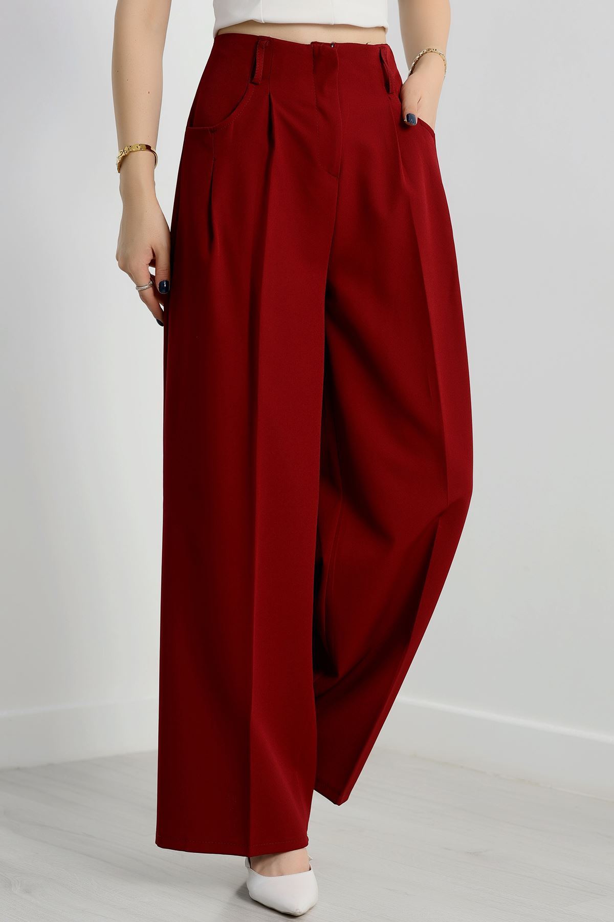 Cepten Pileli Palazzo Pantolon Bordo - 90113.1397.