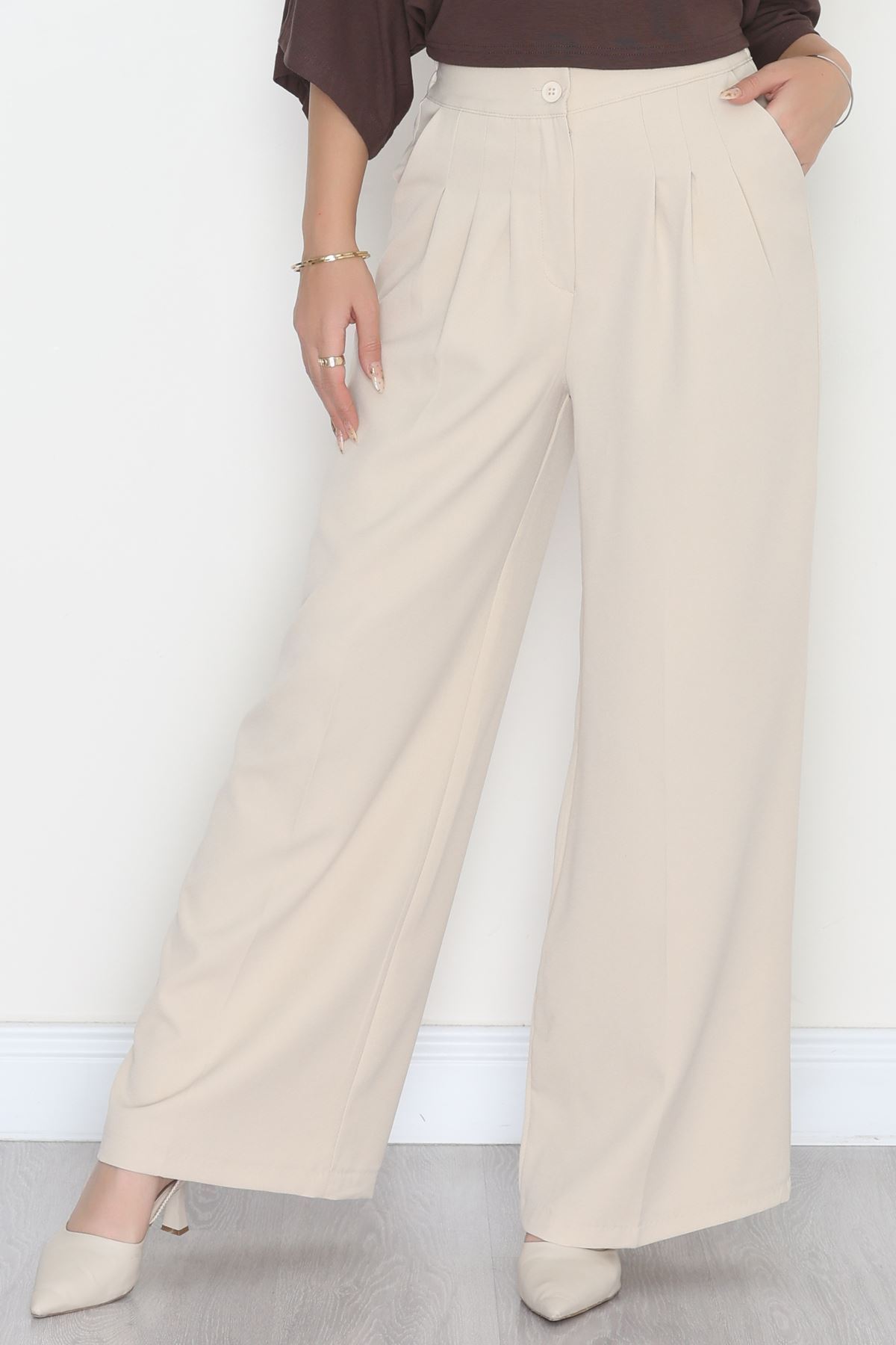 Dabıl Kumaş Beli Lastikli Palazzo Pantolon Bej - 51063.1991.