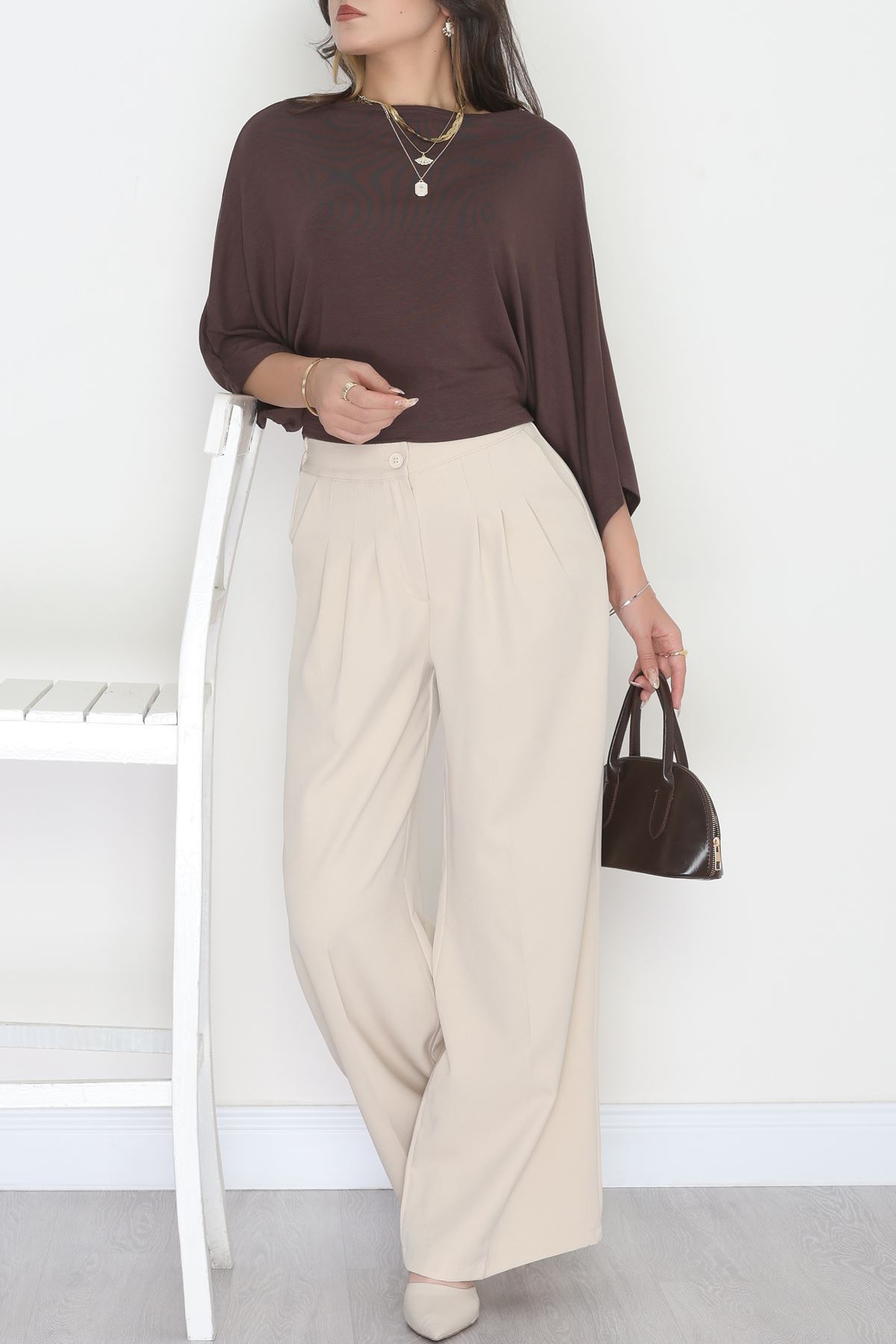 Dabıl Kumaş Beli Lastikli Palazzo Pantolon Bej - 51063.1991.