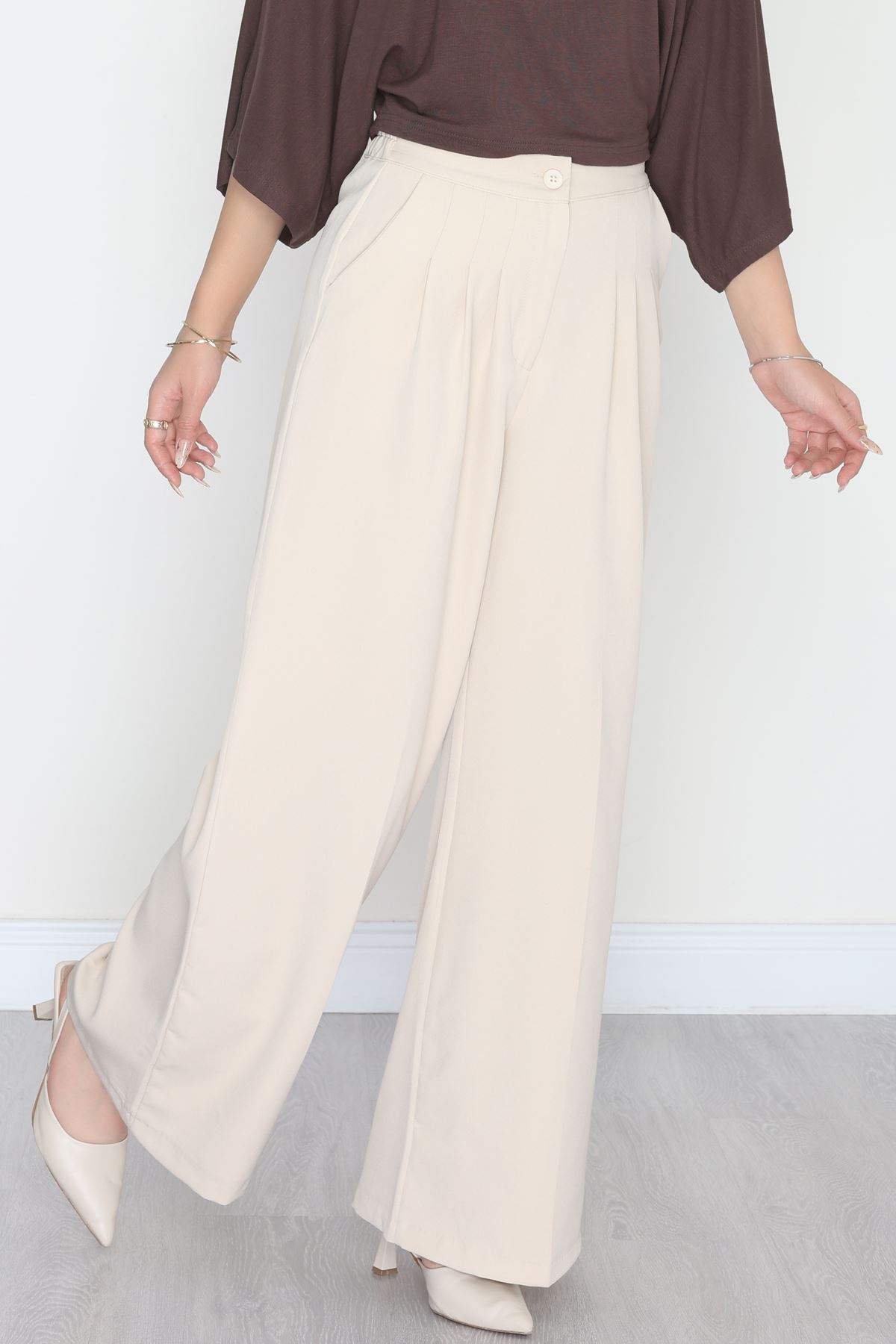 Dabıl Kumaş Beli Lastikli Palazzo Pantolon Bej - 51063.1991.