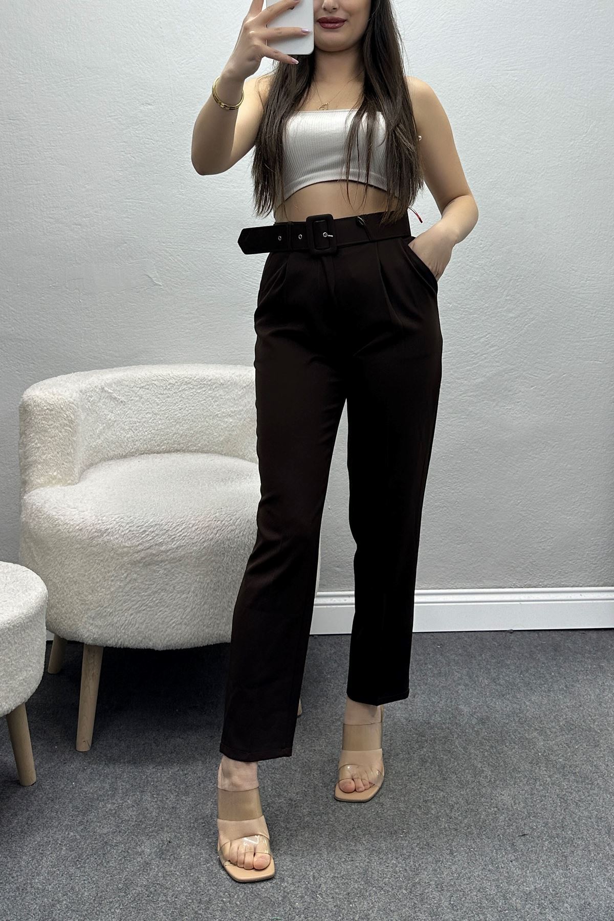 Kemerli Kumaş Pantolon Koyukahve - 20369.1397.