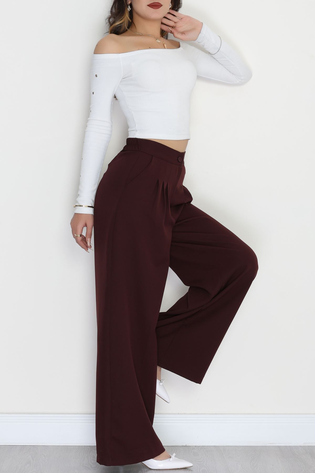 Dabıl Kumaş Beli Lastikli Palazzo Pantolon Mürdüm - 51063.1991.