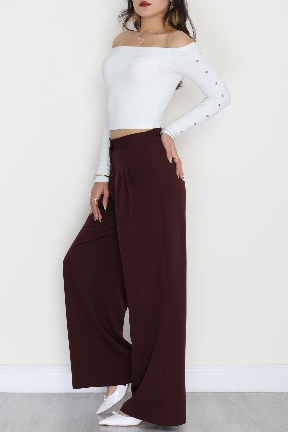 Dabıl Kumaş Beli Lastikli Palazzo Pantolon Mürdüm - 51063.1991.