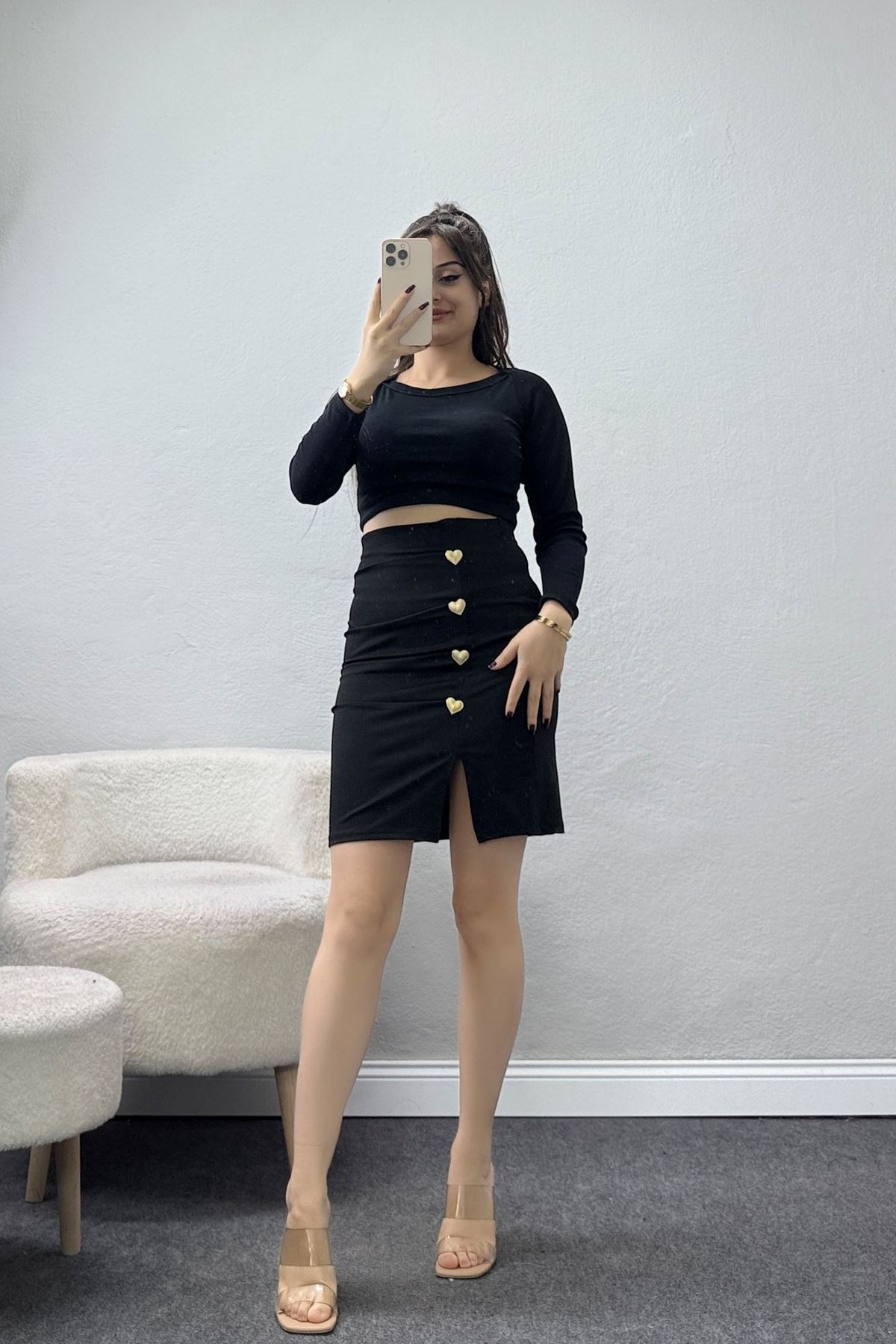 Dalgıç Kumaş Düğme Detaylı Mini Etek Siyah - 51045.1223.