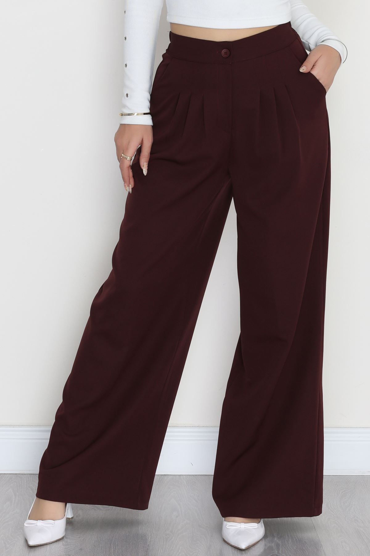 Dabıl Kumaş Beli Lastikli Palazzo Pantolon Mürdüm - 51063.1991.