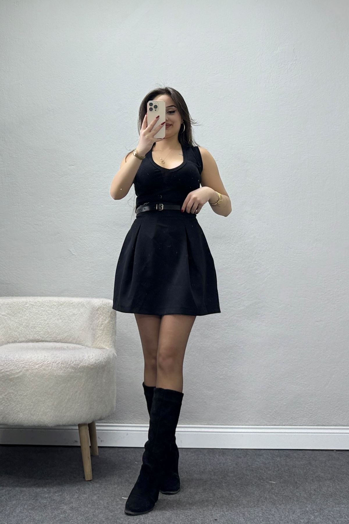 Dabıl Kumaş Kemerli Pileli Etek Kahve - 51258.1991.