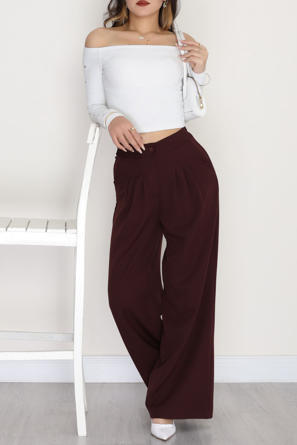 Dabıl Kumaş Beli Lastikli Palazzo Pantolon Mürdüm - 51063.1991.