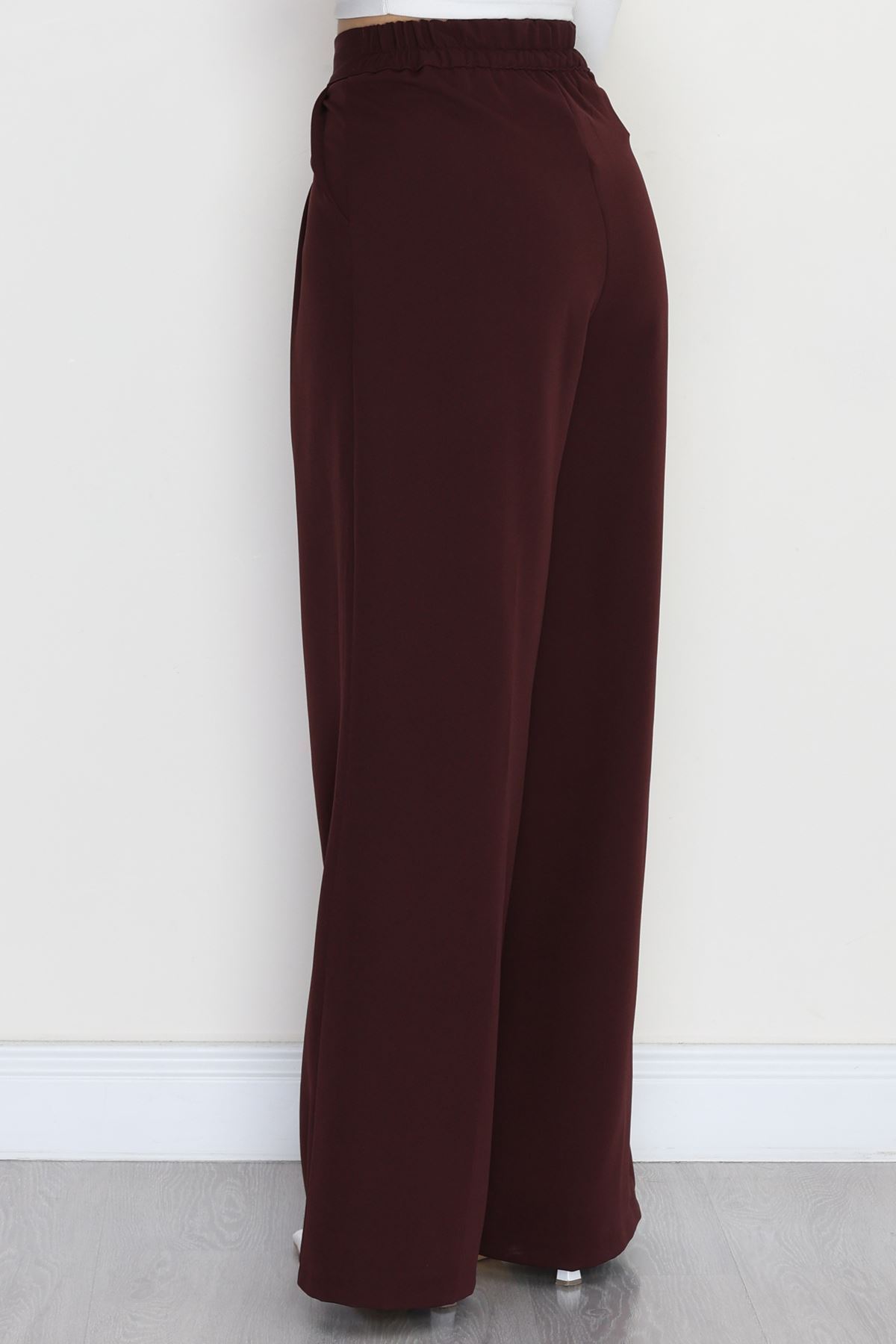 Dabıl Kumaş Beli Lastikli Palazzo Pantolon Mürdüm - 51063.1991.