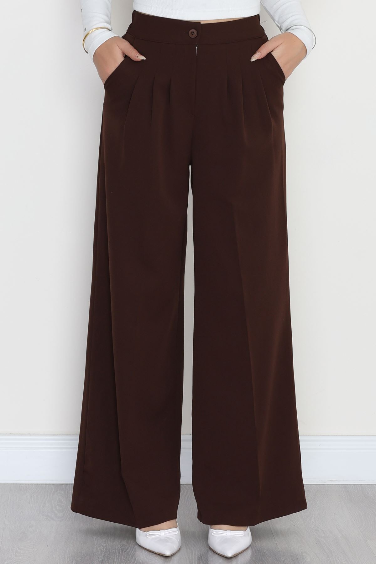 Dabıl Kumaş Beli Lastikli Palazzo Pantolon Kahve - 51063.1991.