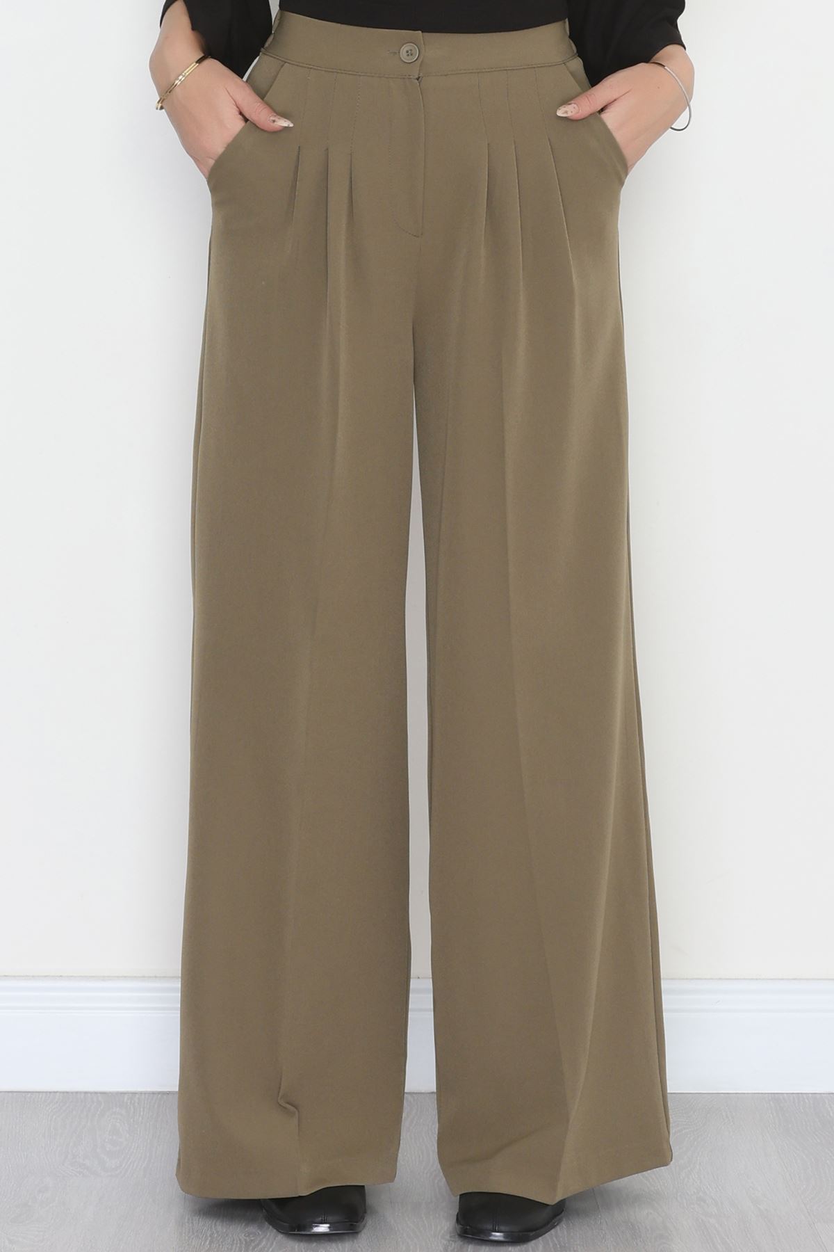 Dabıl Kumaş Beli Lastikli Palazzo Pantolon Haki - 51063.1991.