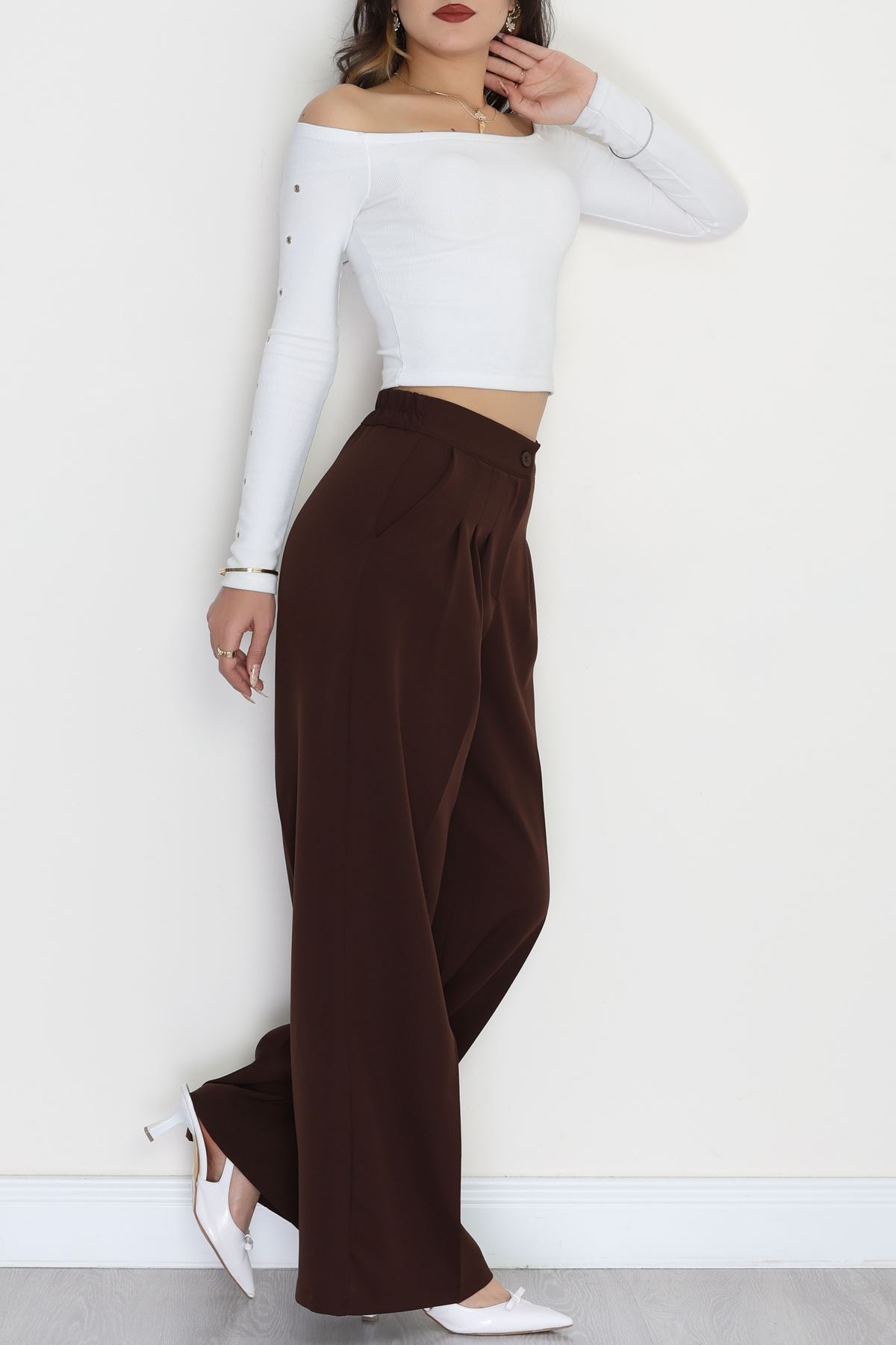Dabıl Kumaş Beli Lastikli Palazzo Pantolon Kahve - 51063.1991.